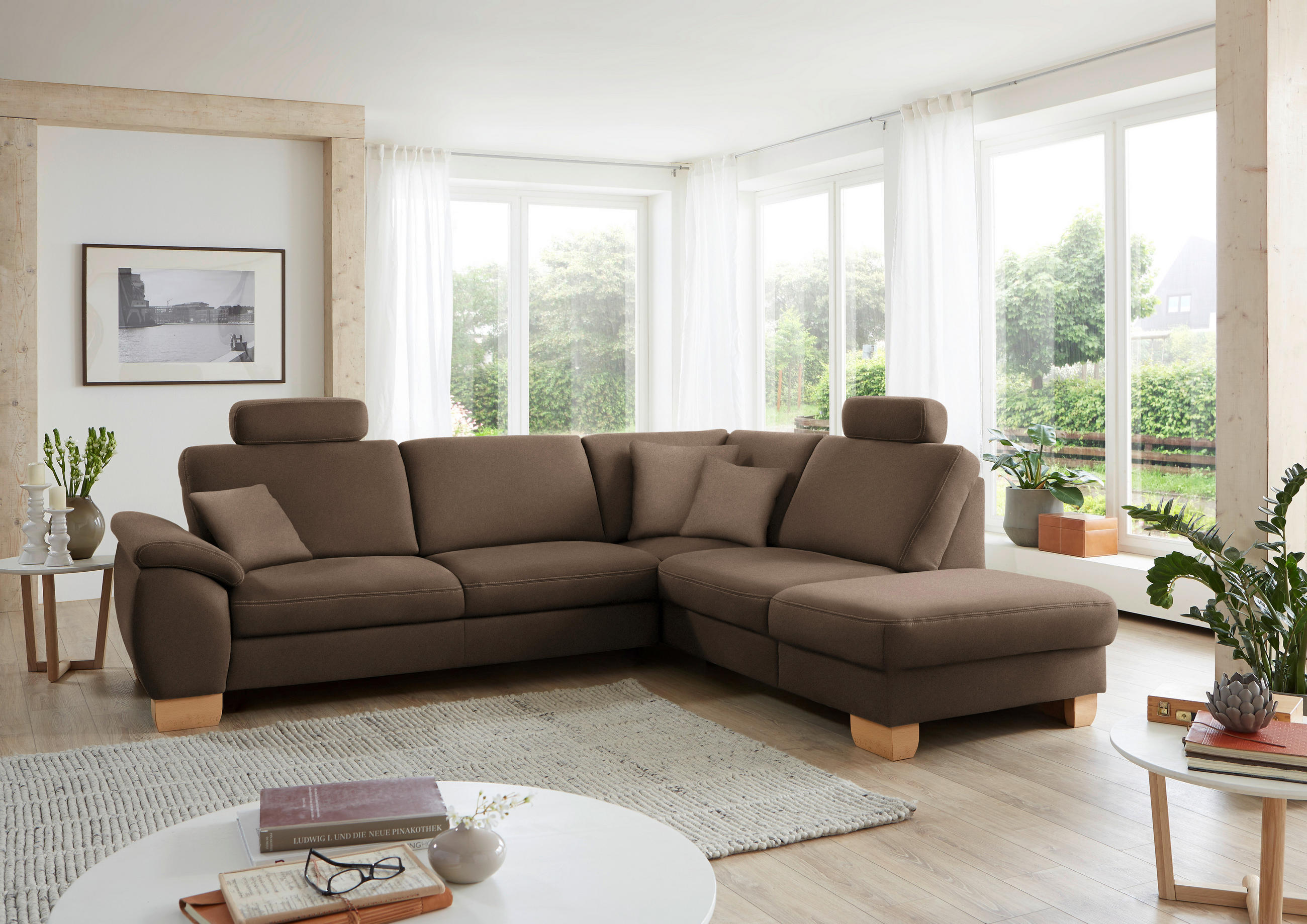ECKSOFA in Mikrofaser Dunkelbraun  - Wildeiche/Dunkelbraun, Natur, Holz/Textil (286/236cm) - Voleo