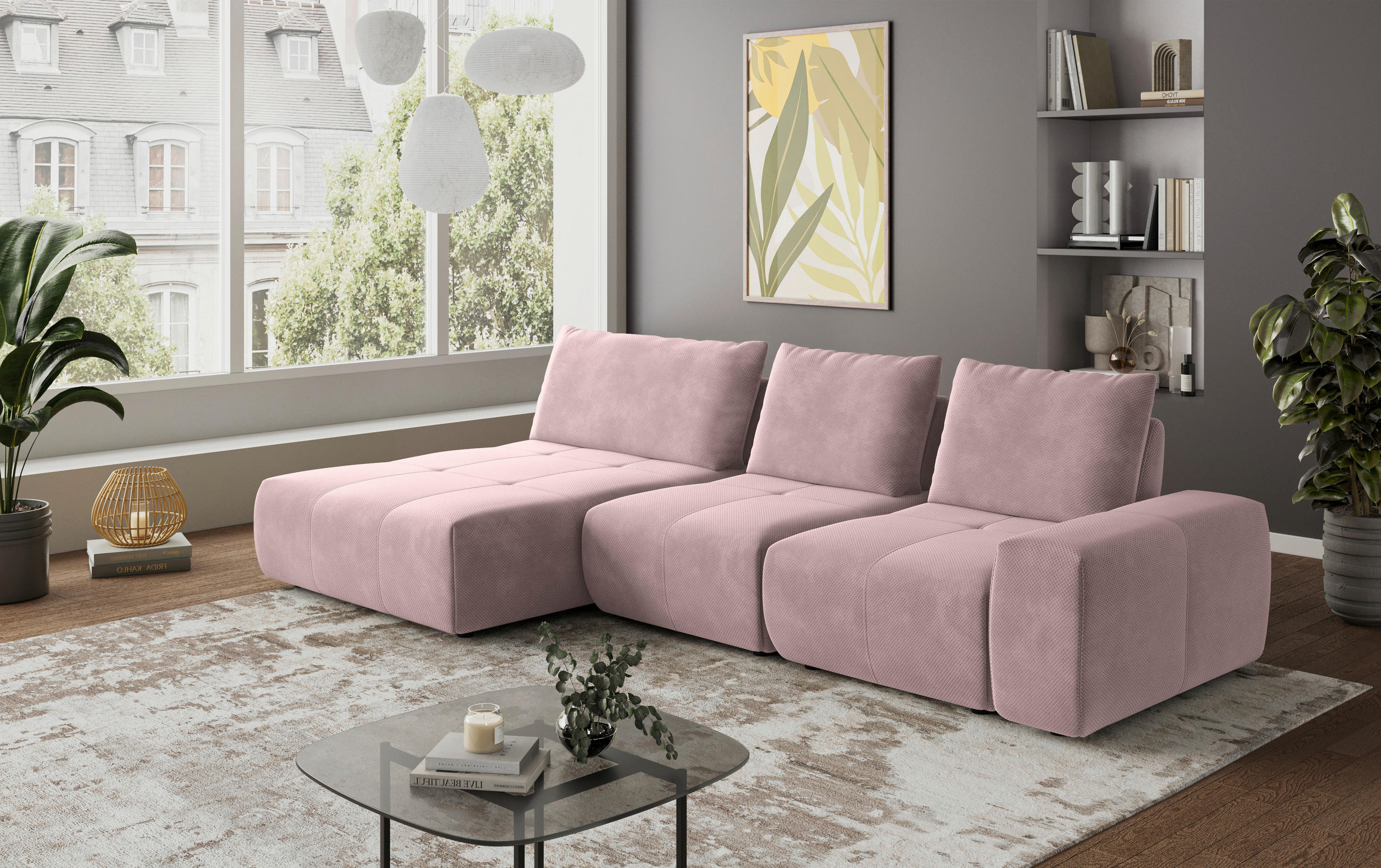 ECKSOFA in Velours Altrosa  - Schwarz/Altrosa, Design, Kunststoff/Textil (174/347cm) - Xora