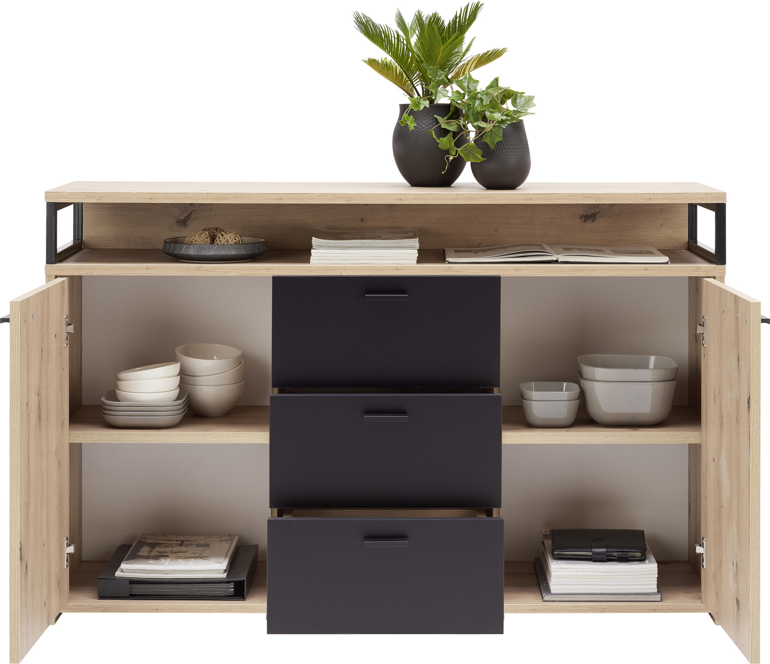 Thumbnail - Xora Sideboard, Schwarz, Eiche, Holzwerkstoff, 2 Fächer, 3 Schubladen, 134x87.8x38 cm, in verschiedenen Größen erhältlic...