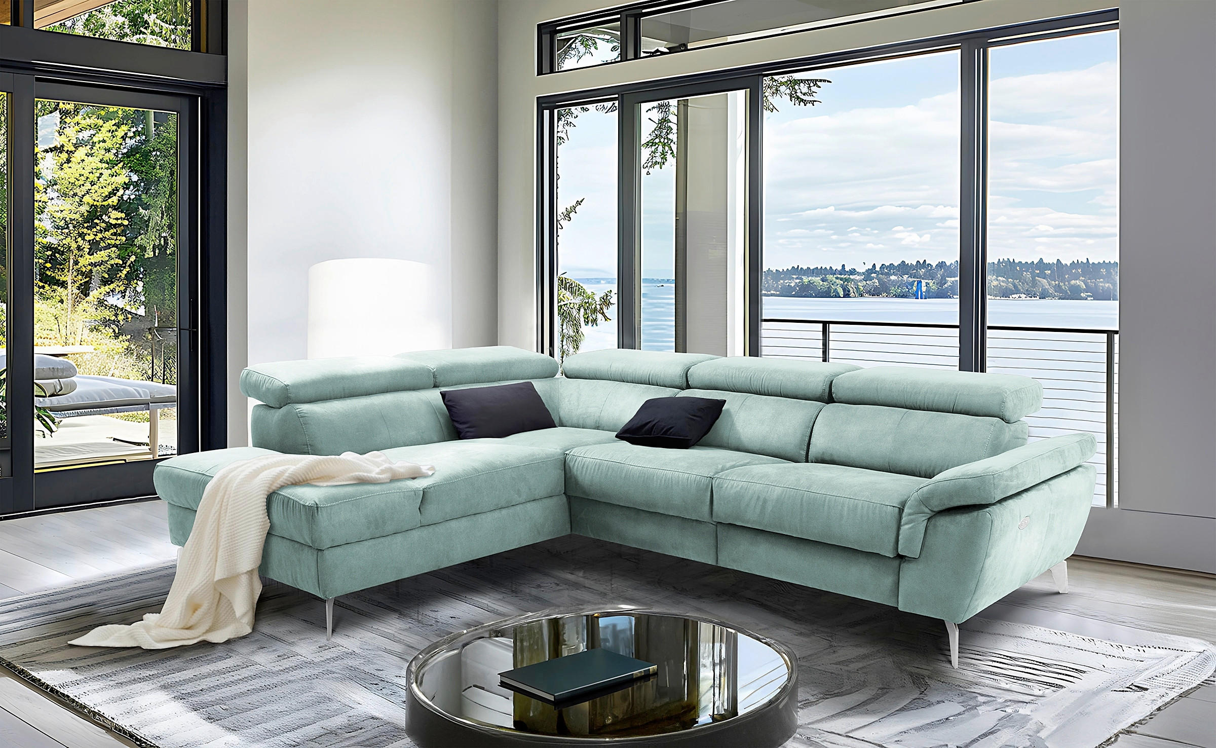 ECKSOFA SONO in Lederlook Hellblau Bettkasten, Armteilverstellung, Kopfteilverstellung  210/265 cm  - Chromfarben/Hellblau, Design, Textil/Metall (210/265cm) - Livetastic