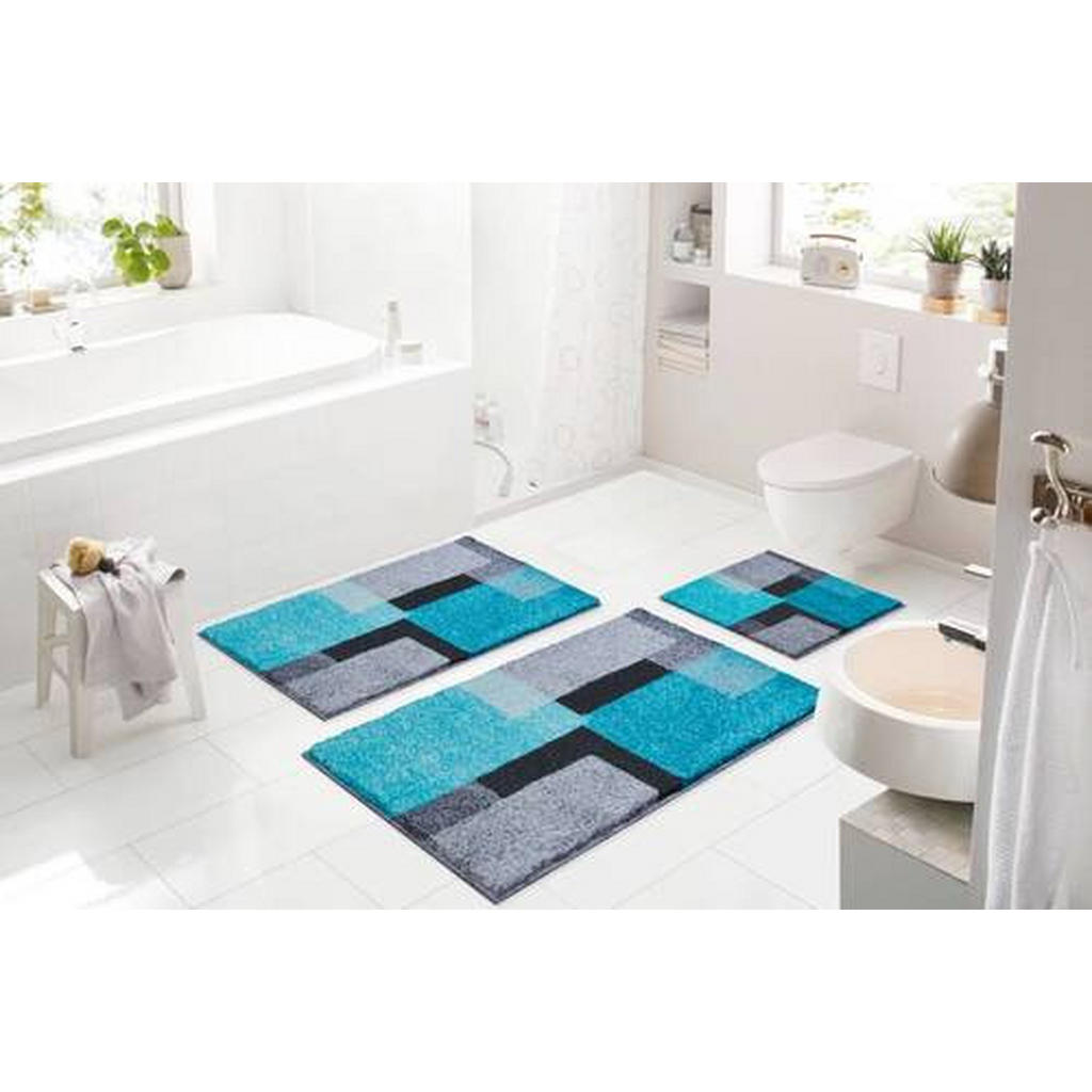 Thumbnail - Grund Badteppich Atala, Schwarz, Türkis, Grau, Textil, Karo, rechteckig, 70x120 cm, Oeko-Tex® Standard 100, Made in Euro...