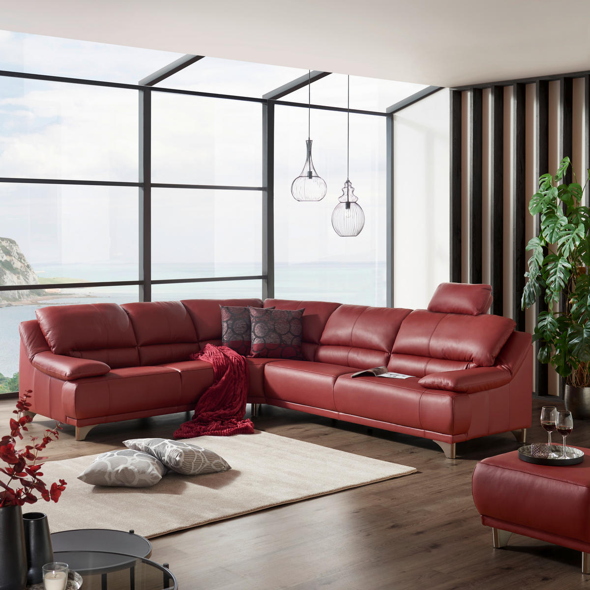 ECKSOFA in Echtleder Rot  - Rot/Schwarz, Design, Leder/Metall (253/290cm) - Xora
