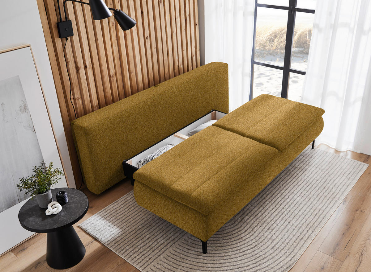 BOXSPRINGSOFA  mit Stoffauswahl, Schlafen auf Sitzhöhe, Liegefunktion, Rücken echt Webstoff Senfgelb  - Senfgelb/Schwarz, KONVENTIONELL, Textil/Metall (204/93/100cm) - Novel