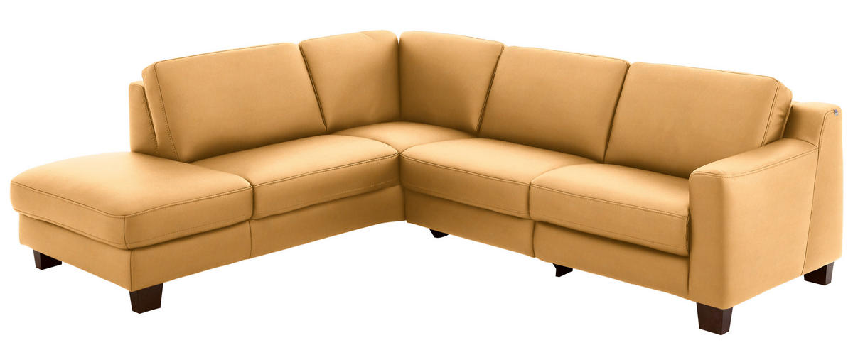 ECKSOFA in Echtleder Currygelb  235/259 cm  - Currygelb/Eichefarben, Design, Leder/Holz (235/259cm) - Valdera