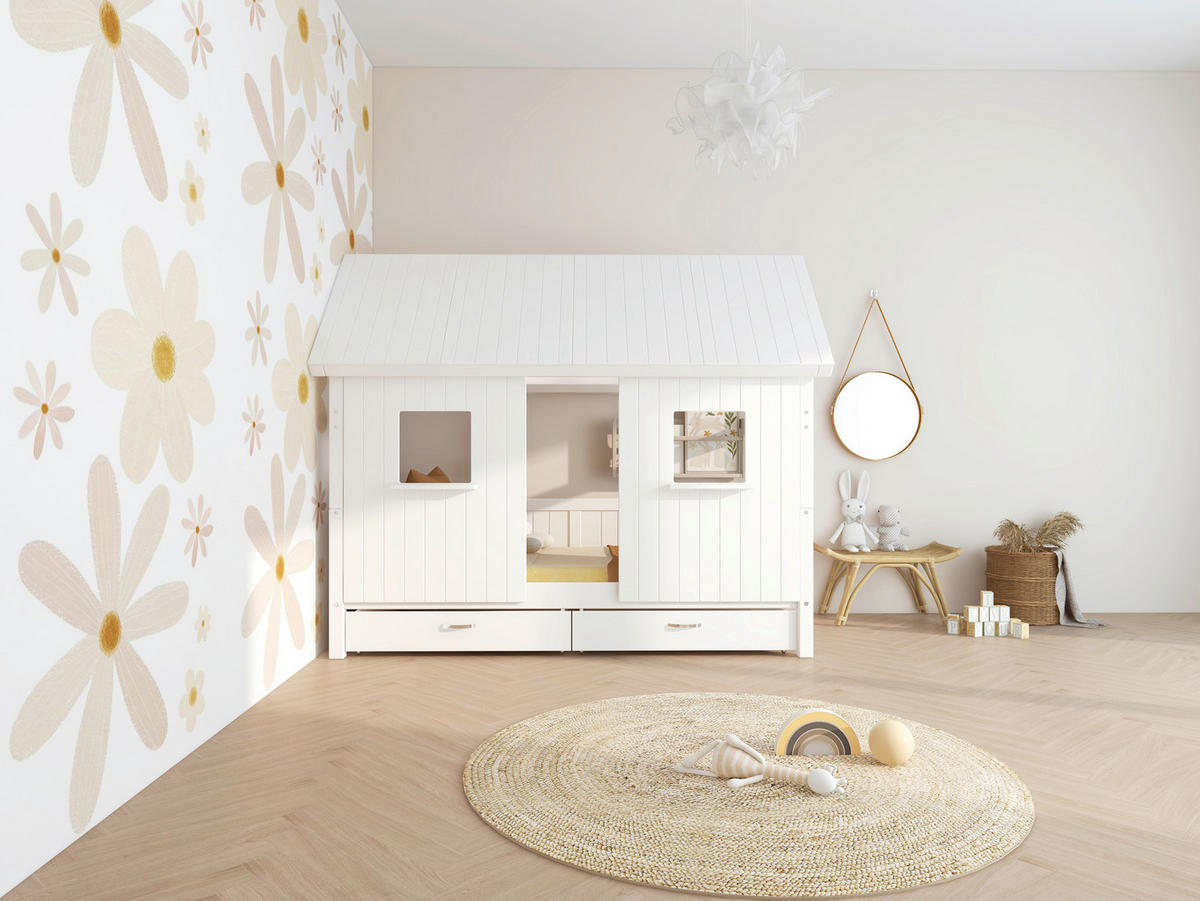 HAUSBETT 90/200 cm,  in Weiß, Rollrost, Bettschublade  - Weiß, MODERN, Holz (90/200cm) - Chameo