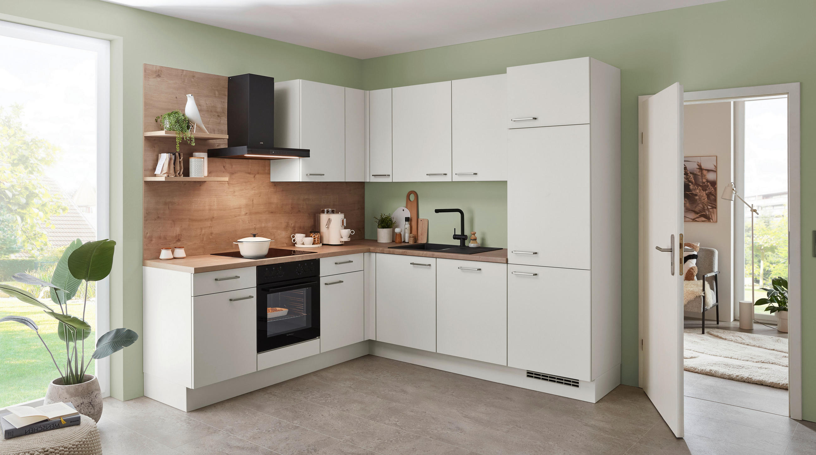 ECKKÜCHE 225/245 cm  in Eichefarben, Magnolie  - Edelstahlfarben/Eichefarben, Design, Holzwerkstoff/Metall (225/245cm) - Celina