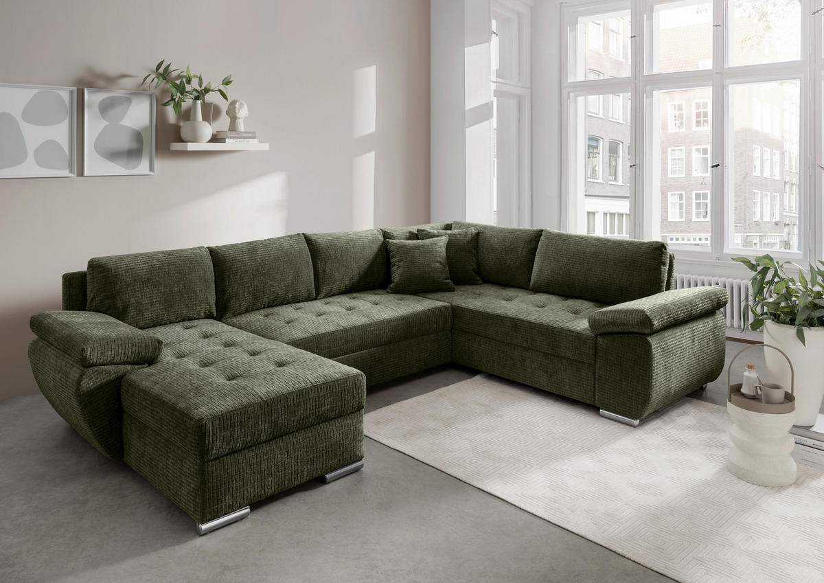 WOHNLANDSCHAFT Olivgrün Mikrofaser  - Chromfarben/Olivgrün, KONVENTIONELL, Textil/Metall (157/305/219cm) - Livetastic