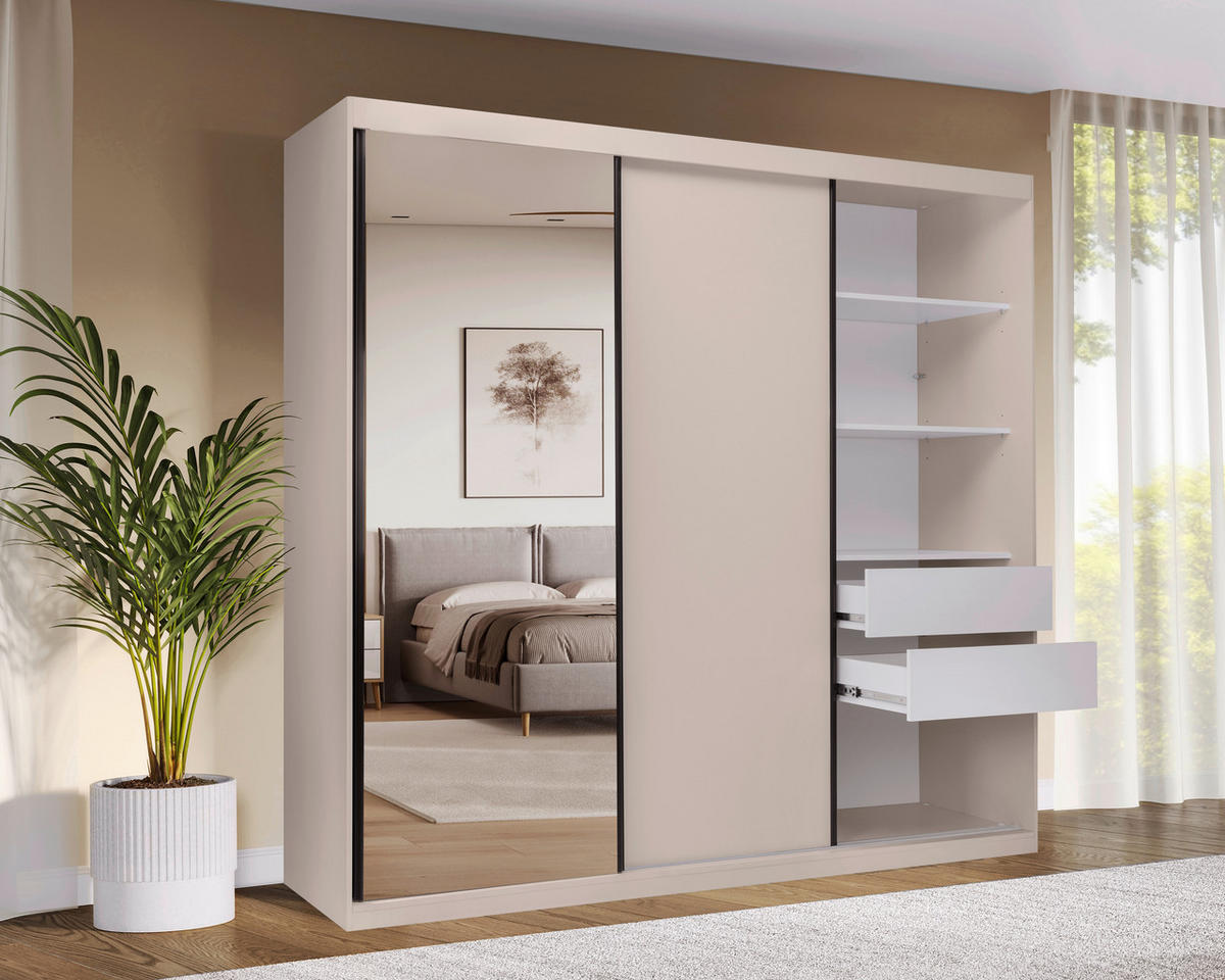 SCHIEBETÜRENSCHRANK 250/215/59,5 cm 3-türig  - Kaschmir/Schwarz, MODERN, Holzwerkstoff/Metall (250/215/59,5cm) - MID.YOU