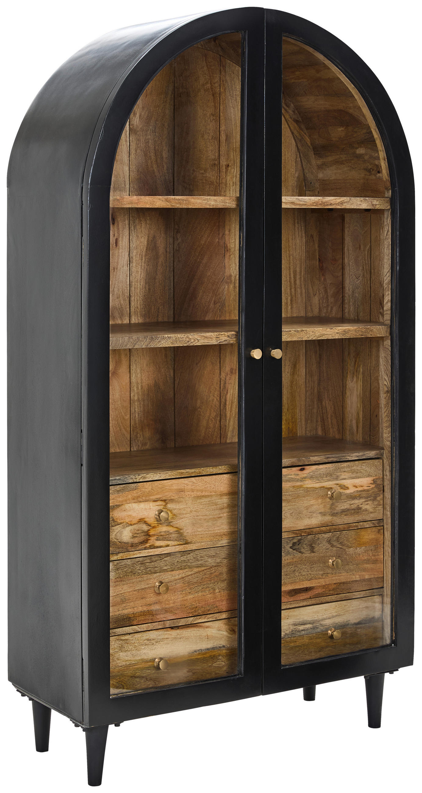 VITRINE  in vollmassiv Mangoholz Naturfarben, Schwarz  - Goldfarben/Schwarz, Design, Glas/Holz (96/170/40cm) - Livetastic