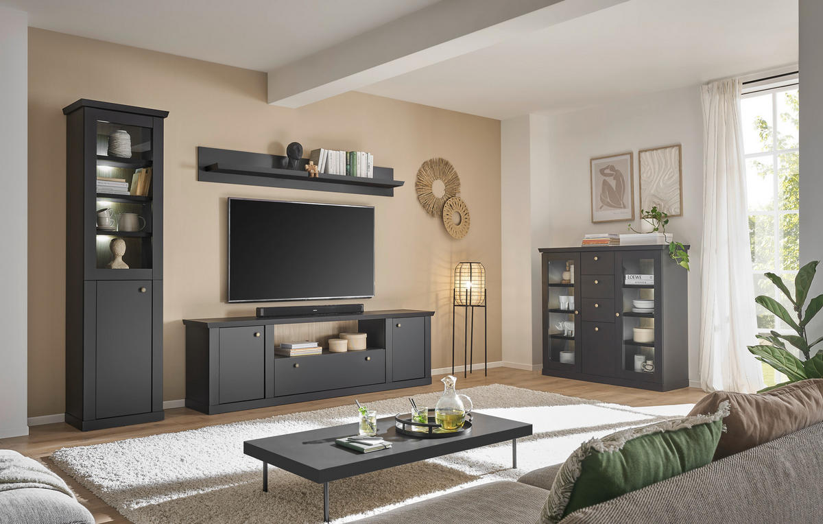 WOHNWAND 3-teilig  in Schwarz, Eichefarben  270/200/42 cm  - Eichefarben/Messingfarben, Design, Holzwerkstoff/Metall (270/200/42cm) - MID.YOU