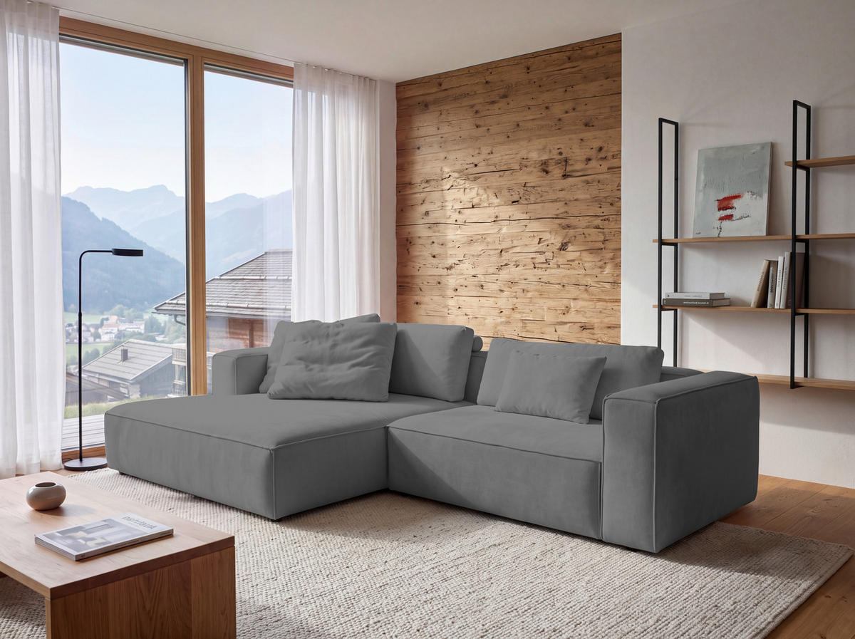 ECKSOFA Grau Chenille Rücken echt  - Schwarz/Grau, MODERN, Kunststoff/Textil (185/296cm) - Hom`in