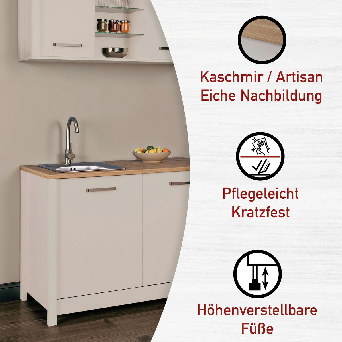 KÜCHENLEERBLOCK 200 cm   in Kaschmir, Eiche Artisan  - Kaschmir/Silberfarben, MODERN, Glas/Holzwerkstoff (200cm) - home24
