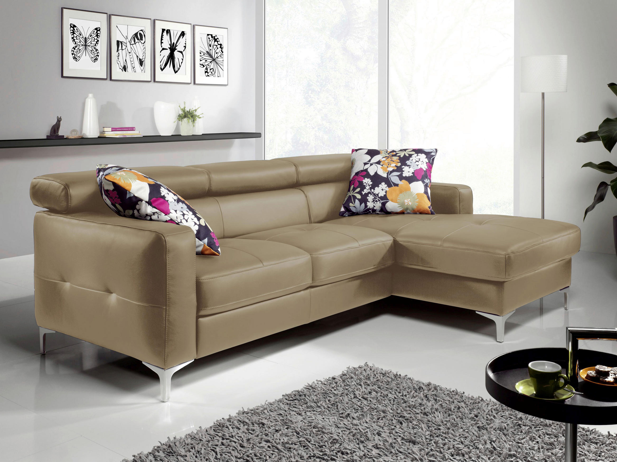 ECKSOFA in Echtleder Hellbraun  227/168 cm  - Chromfarben/Hellbraun, Design, Leder/Metall (227/168cm) - Livetastic