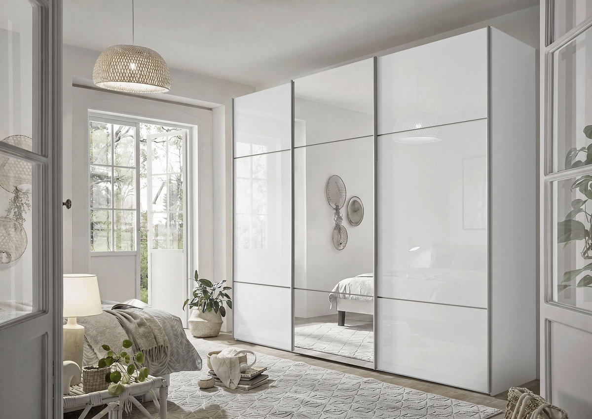 SCHWEBETÜRENSCHRANK 249/222/68 cm 3 Tür(en)-türig Weiß  - Alufarben/Weiß, Design, Glas/Holzwerkstoff (249/222/68cm) - Moderano