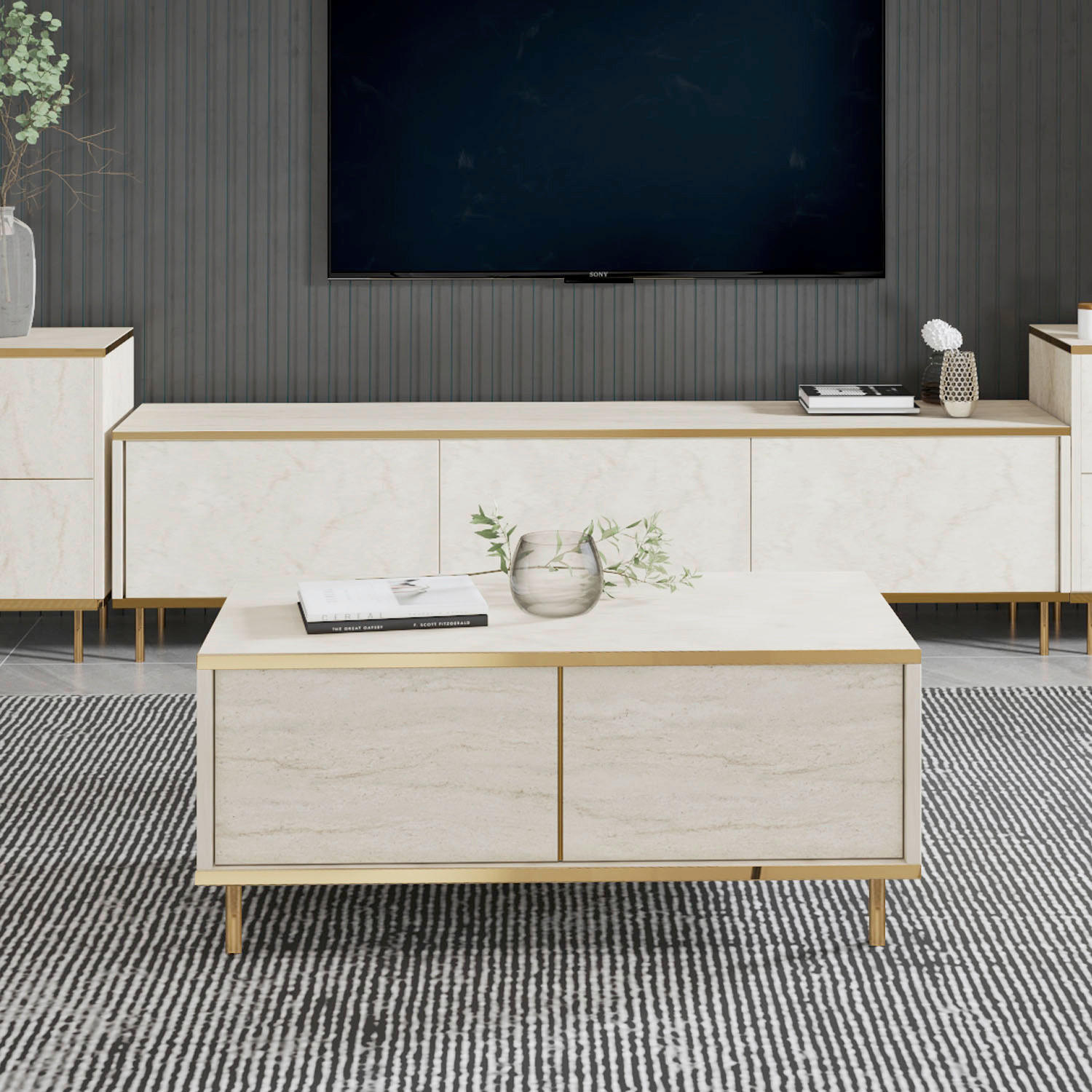 COUCHTISCH Imaj Couchtisch 90/45/40 cm rechteckig Goldfarben, Beige  - Beige/Goldfarben, Design, Holzwerkstoff/Metall (90/45/40cm) - Livetastic