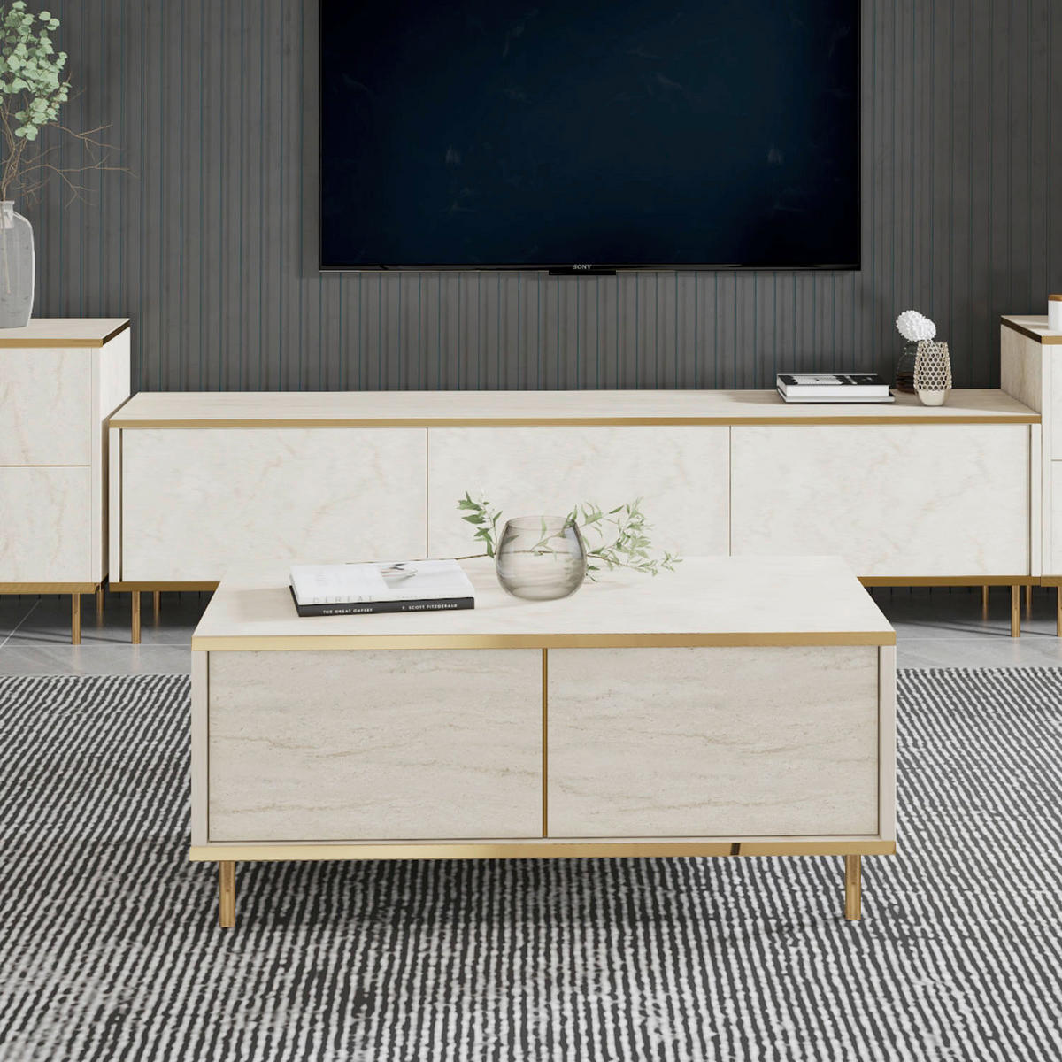 COUCHTISCH Imaj Couchtisch 90/45/40 cm rechteckig Goldfarben, Beige  - Beige/Goldfarben, Design, Holzwerkstoff/Metall (90/45/40cm) - Livetastic