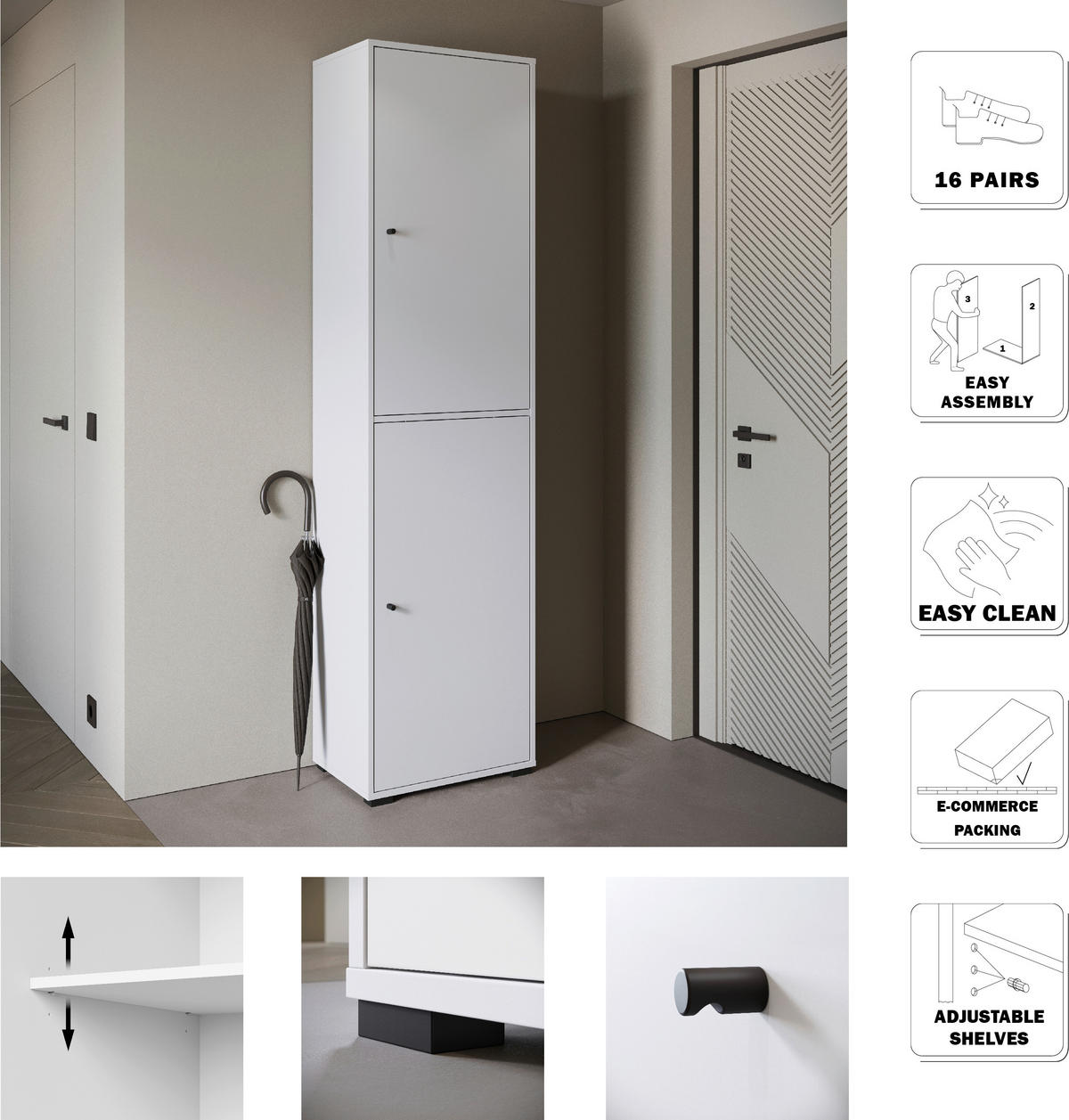 SKOSKÅP  i 50/190/33 cm  - vit/svart, Basics, metall/trämaterial (50/190/33cm) - P & B