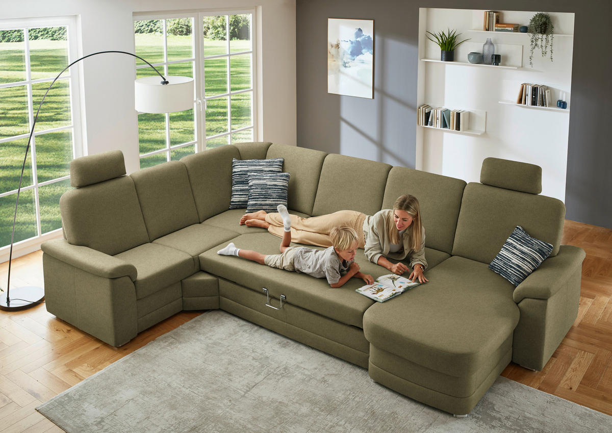 WOHNLANDSCHAFT  in Chenille Schilfgrün  - Schilfgrün/Alufarben, KONVENTIONELL, Holz/Textil (235/329/160cm) - Beldomo Comfort