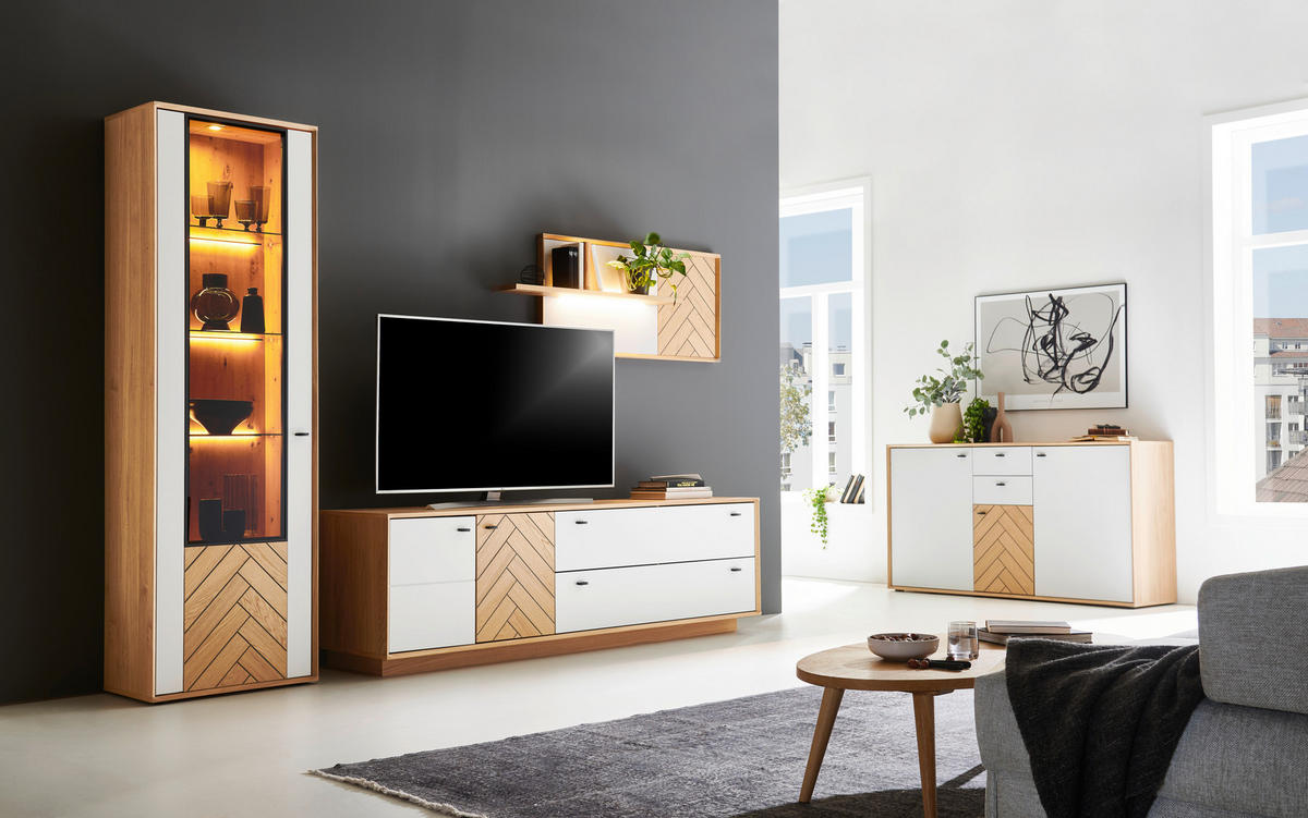 WOHNWAND  in Weiß, Eiche Bianco  297,8/206,9/51,4 cm  - Eiche Bianco/Dunkelgrau, Design, Glas/Holz (297,8/206,9/51,4cm) - Novel