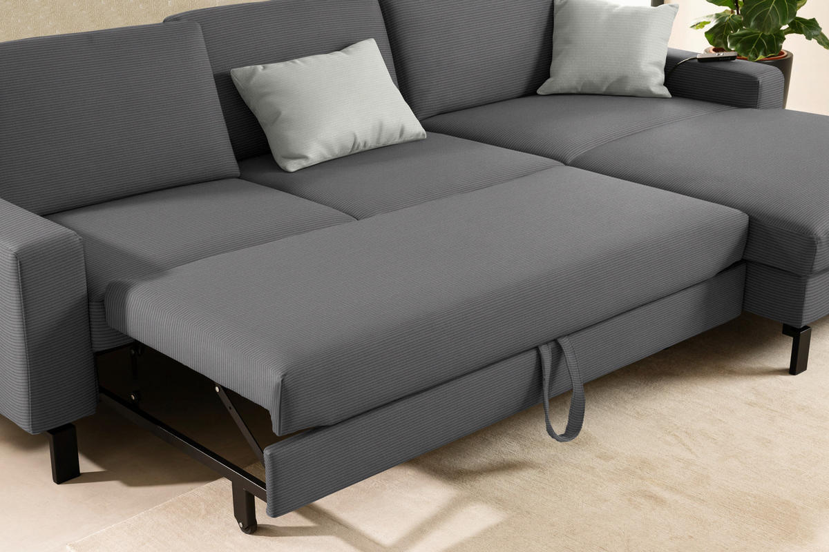 ECKSOFA Cord Grau  - Schwarz/Grau, Design, Textil/Metall (298/185cm) - Pure Home Lifestyle