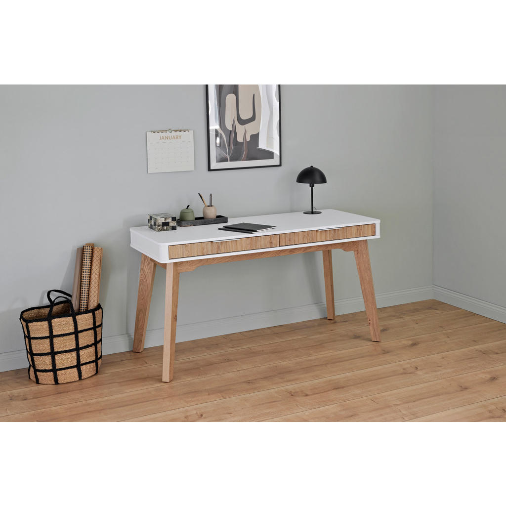 Thumbnail - Xxxl Schreibtisch, Weiß, Eiche, Metall, 2 Schubladen, rechteckig, konisch, eckig, 59x76x140 cm, Stauraum, Arbeitszimmer,...