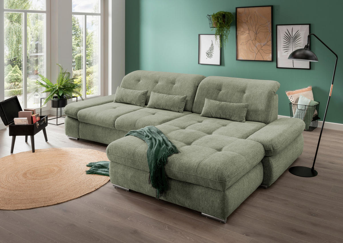 ECKSOFA Grün Chenille  - Chromfarben/Grün, Design, Textil/Metall (300/196cm) - Livetastic