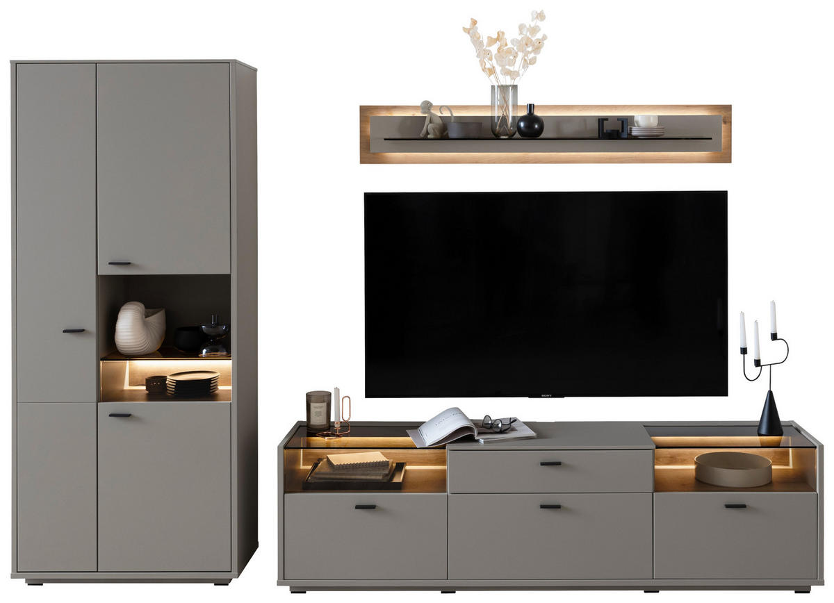 REGAL ZA DNEVNI BORAVAK siva, boje hrasta   - siva/boje hrasta, Design, staklo/drvni materijal (301/200/44cm) - Stylife