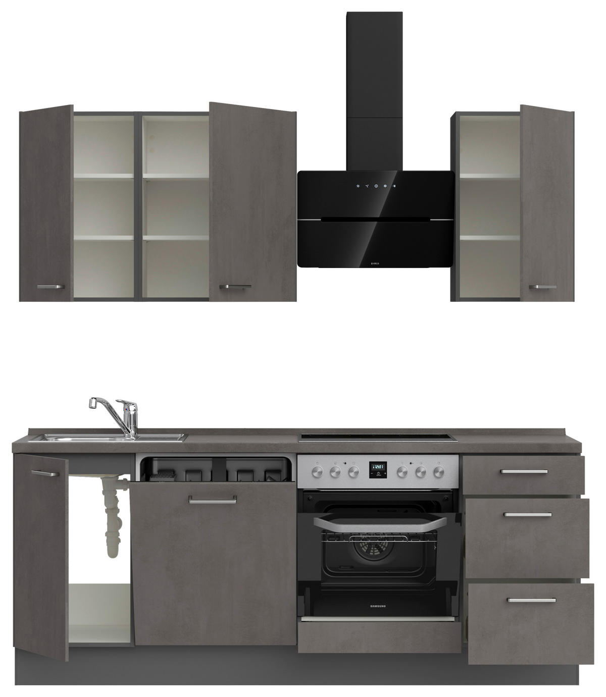 KÜCHENLEERBLOCK 210 cm   in Schieferfarben  - Schieferfarben/Edelstahlfarben, MODERN, Holzwerkstoff/Metall (210cm) - Nobilia