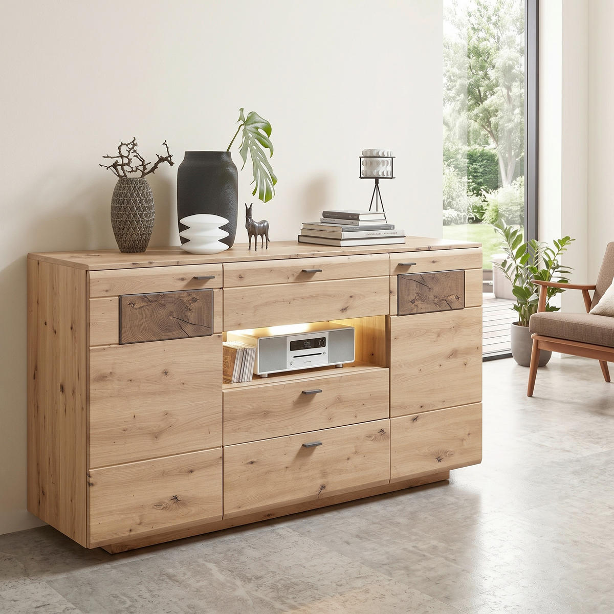 SIDEBOARD  175/98/47 cm 3 Schublade(n)  - Eichefarben/Graphitfarben, Modern, Holzwerkstoff/Metall (175/98/47cm) - Livetastic
