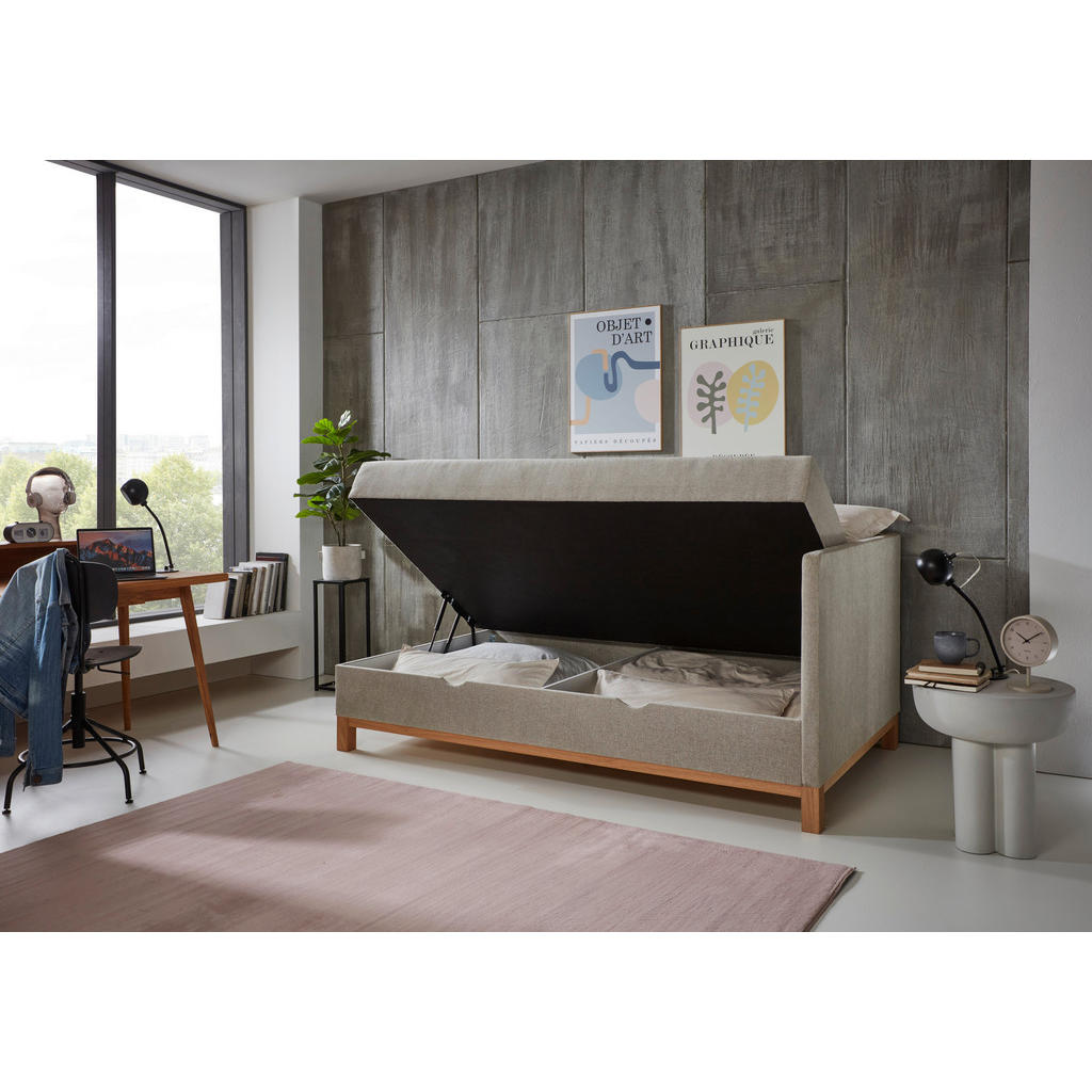 Thumbnail - Boxxx Boxbett, Taupe, Textil, Esche, massiv, H3, Höhe ca. 19 cm, 90x200 cm, Reach, Bettkasten, gepolstertes Kopfteil, St...