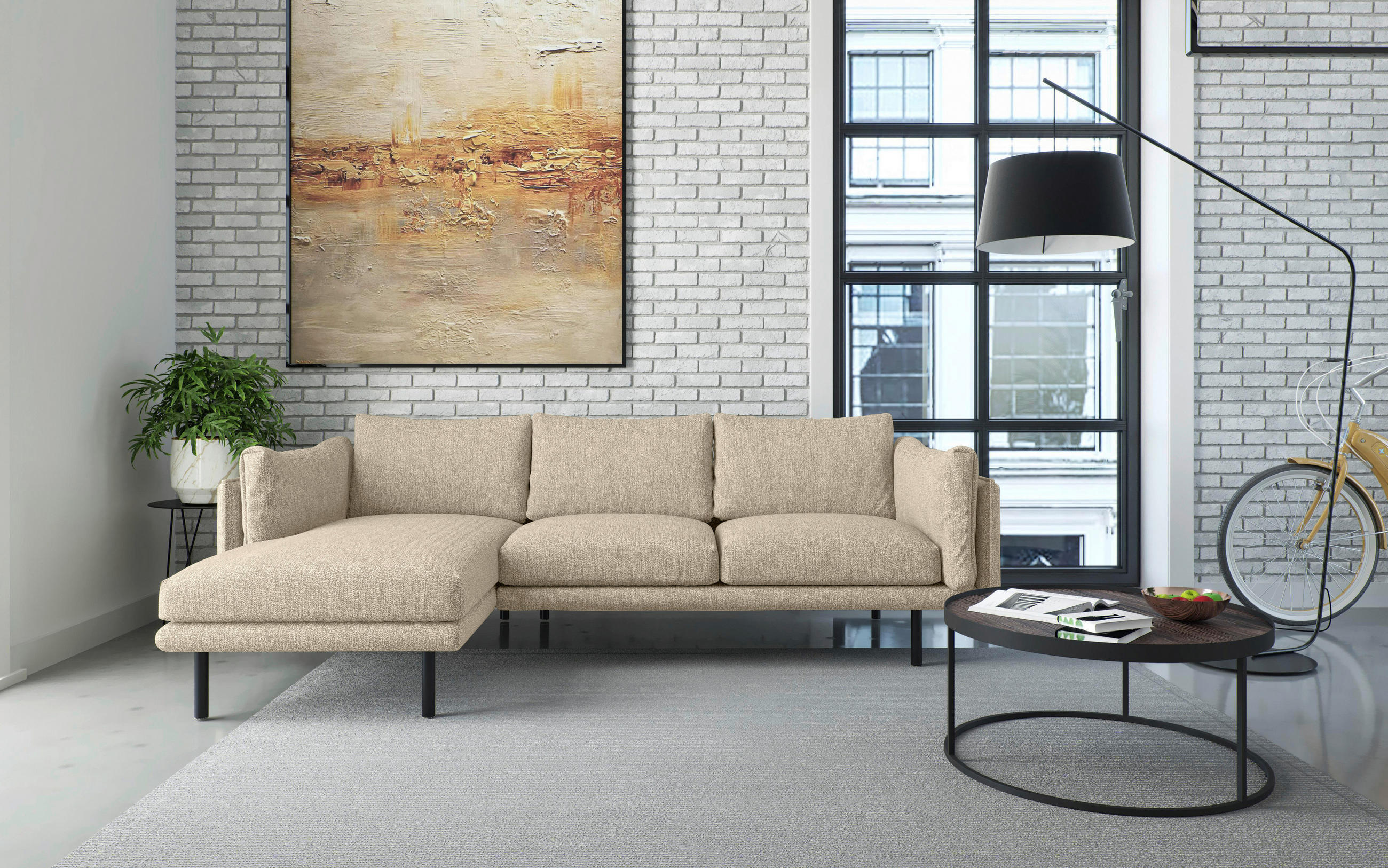 HÖRNSOFFA i flatväv beige  - beige/svart, Design, metall/textil (160/268/100cm) - Livetastic