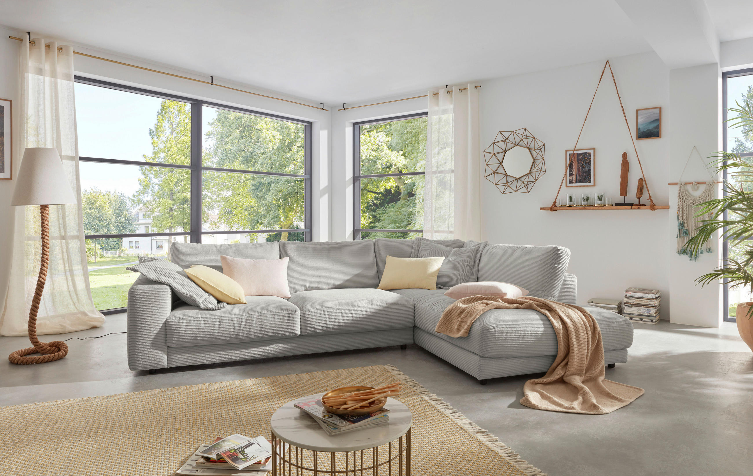 ECKSOFA in Feincord Hellgrau  - Hellgrau/Schwarz, Design, Kunststoff/Textil (325/224cm) - Hom`in