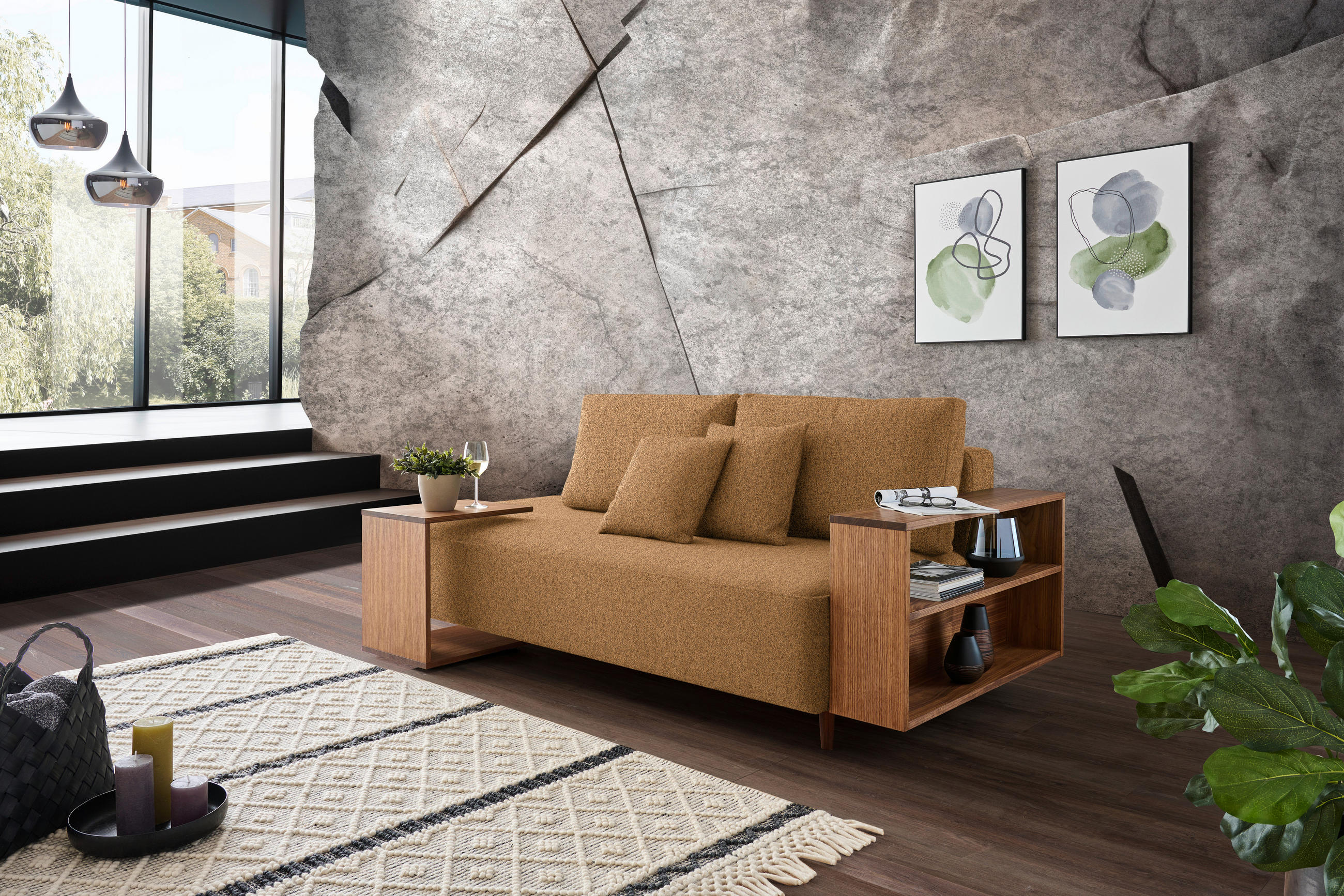 SCHLAFSOFA in Textil Currygelb  - Currygelb/Nussbaumfarben, Natur, Holz/Textil (228/90/100cm) - Joka