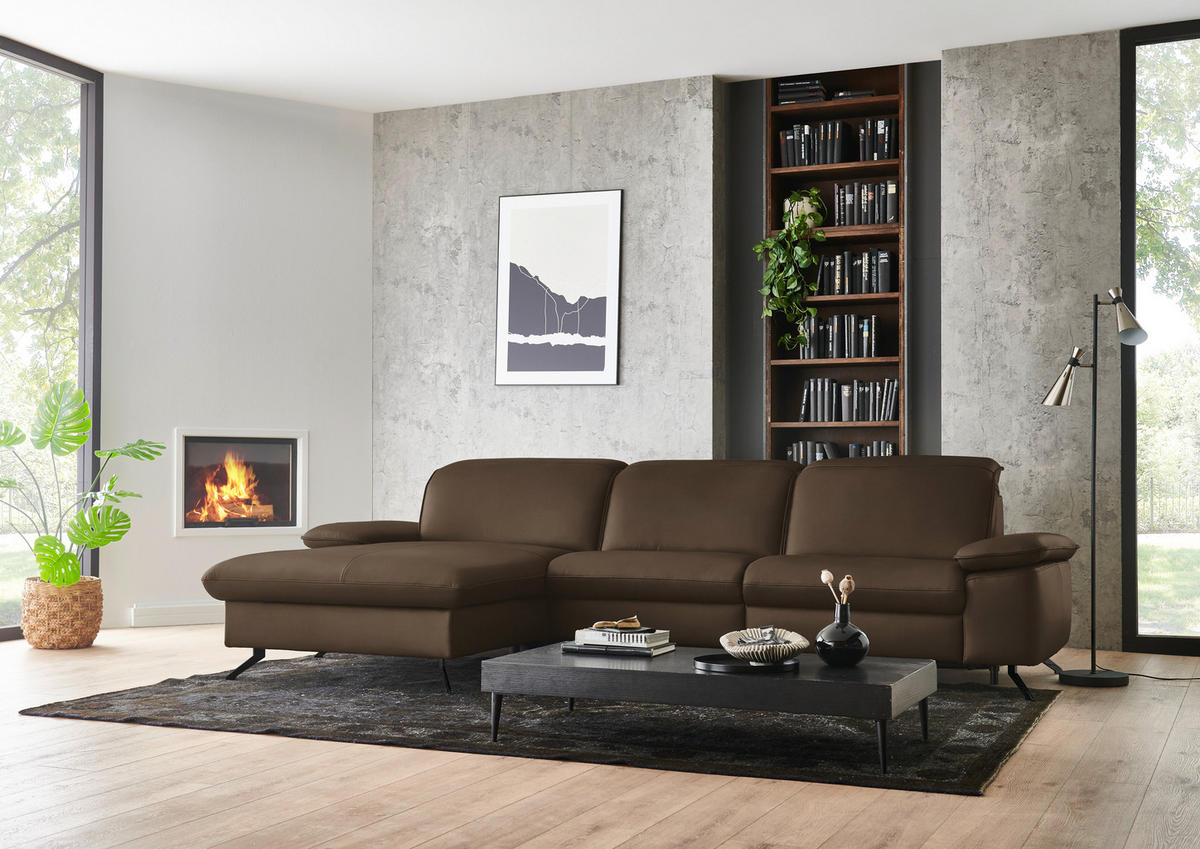 ECKSOFA  Echtleder Dunkelbraun  - Dunkelbraun/Schwarz, Design, Leder/Metall (169/307cm) - Beldomo Premium