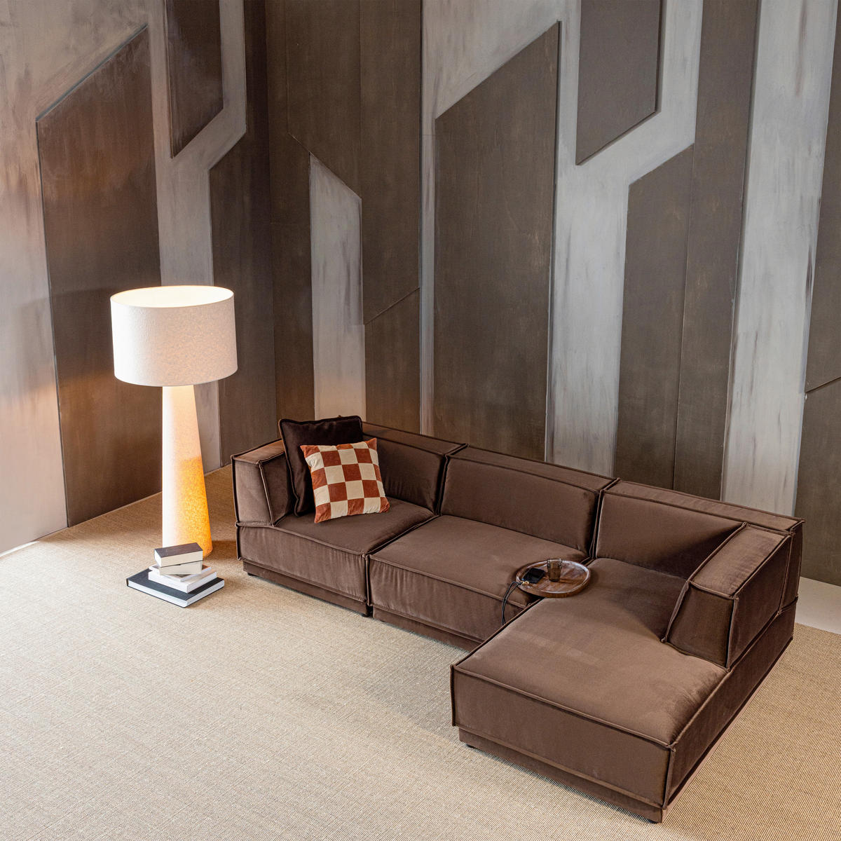 ECKSOFA Manu Braun Samt  - Schwarz/Braun, MODERN, Kunststoff/Textil (286/160cm) - Livetastic