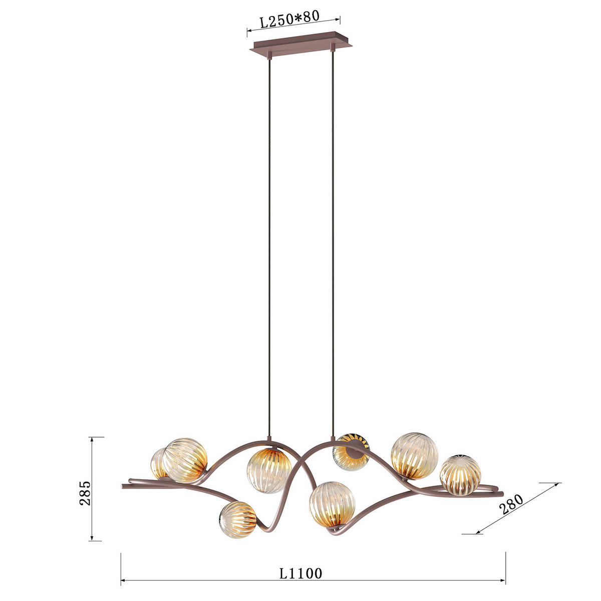 PENDELLEUCHTE 106/25/100 cm  - Cognac, KONVENTIONELL, Glas/Metall (106/25/100cm)
