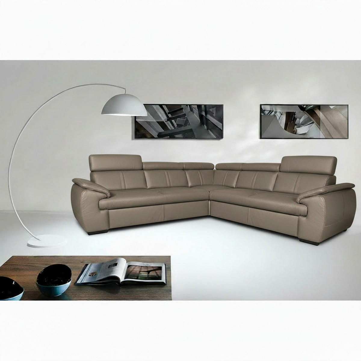 ECKSOFA Hellgrau Echtleder  - Hellgrau/Schwarz, Design, Leder/Holz (265/265cm) - Livetastic