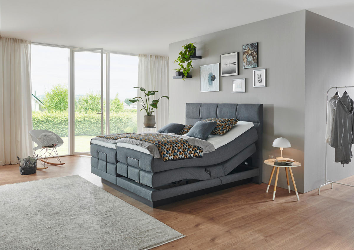 BOXSPRINGBETT 180/200 cm,  in Grau, Matratze, gepolstertes Kopfteil, Topper, motorische Verstellbarkeit, H3 + H4 = fest + sehr fest  - Schwarz/Grau, MODERN, Holzwerkstoff/Kunststoff (180/200cm) - Beldomo - Sleep