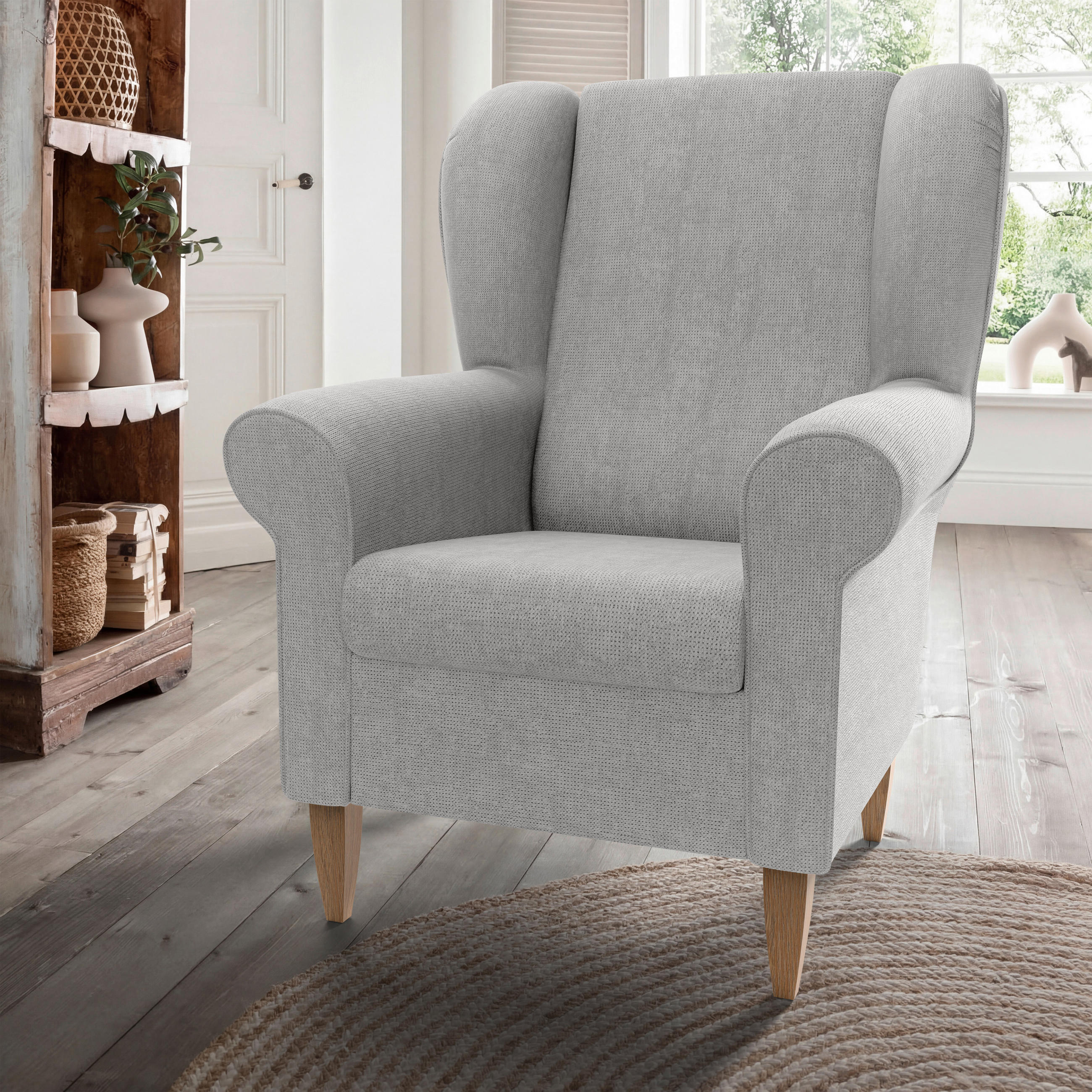 OHRENSESSEL ASINO Chenille Grau  - Naturfarben/Grau, KONVENTIONELL, Holz/Textil (80/102/86cm) - Livetastic