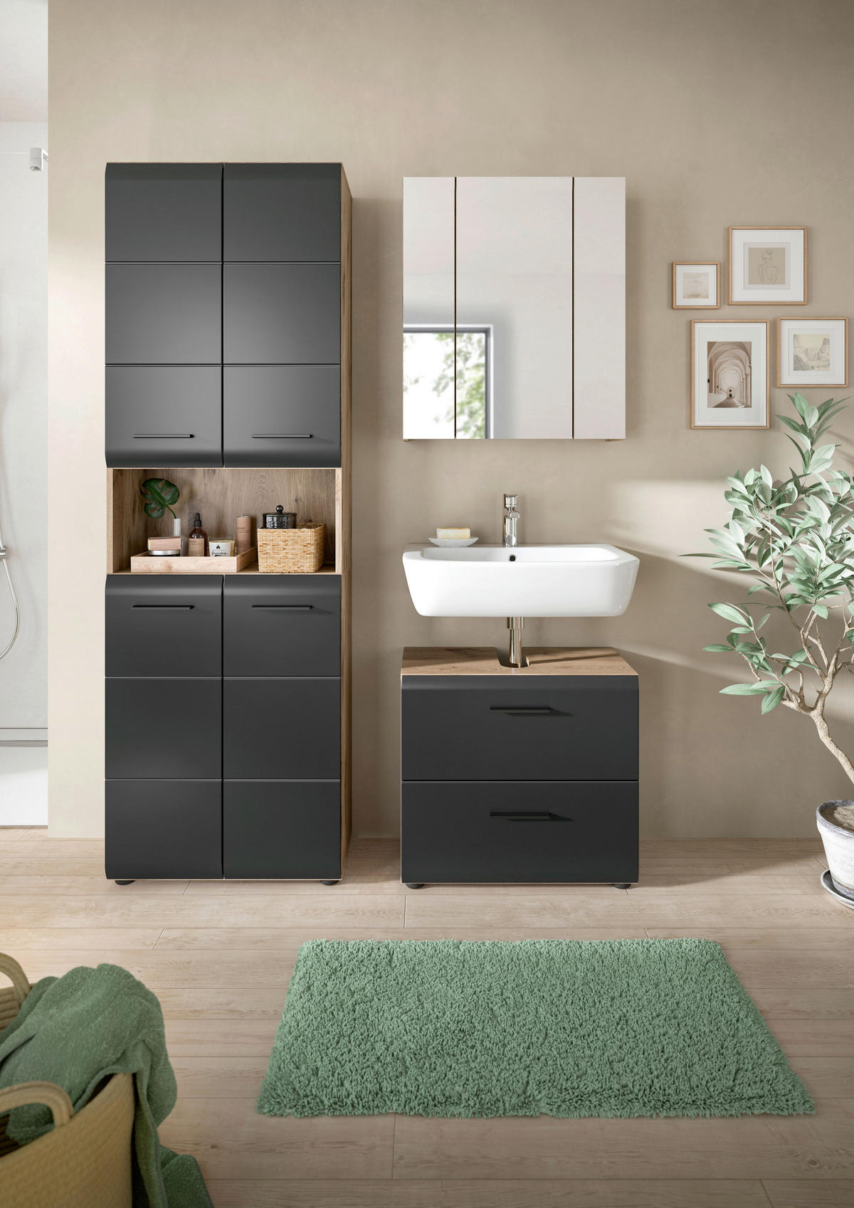 BADEZIMMER 3-teilig  in 120 cm  - Eiche dunkel/Schwarz, Basics, Holzwerkstoff/Kunststoff (120cm) - MID.YOU