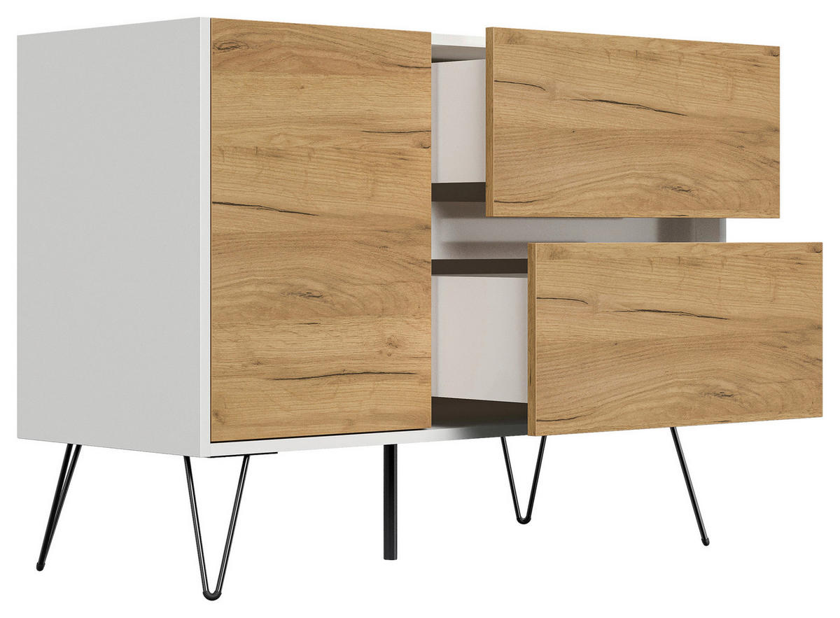 SIDEBOARD Posseik Industrial  in 99/75,8/42 cm  - Eichefarben/Weiß Hochglanz, Design, Holzwerkstoff/Metall (99/75,8/42cm) - P & B