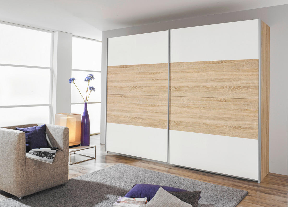 SCHWEBETÜRENSCHRANK in Weiss, Sonoma Eiche  - Weiss/Alufarben, Design, Holzwerkstoff/Metall (226/210/62cm) - Xora
