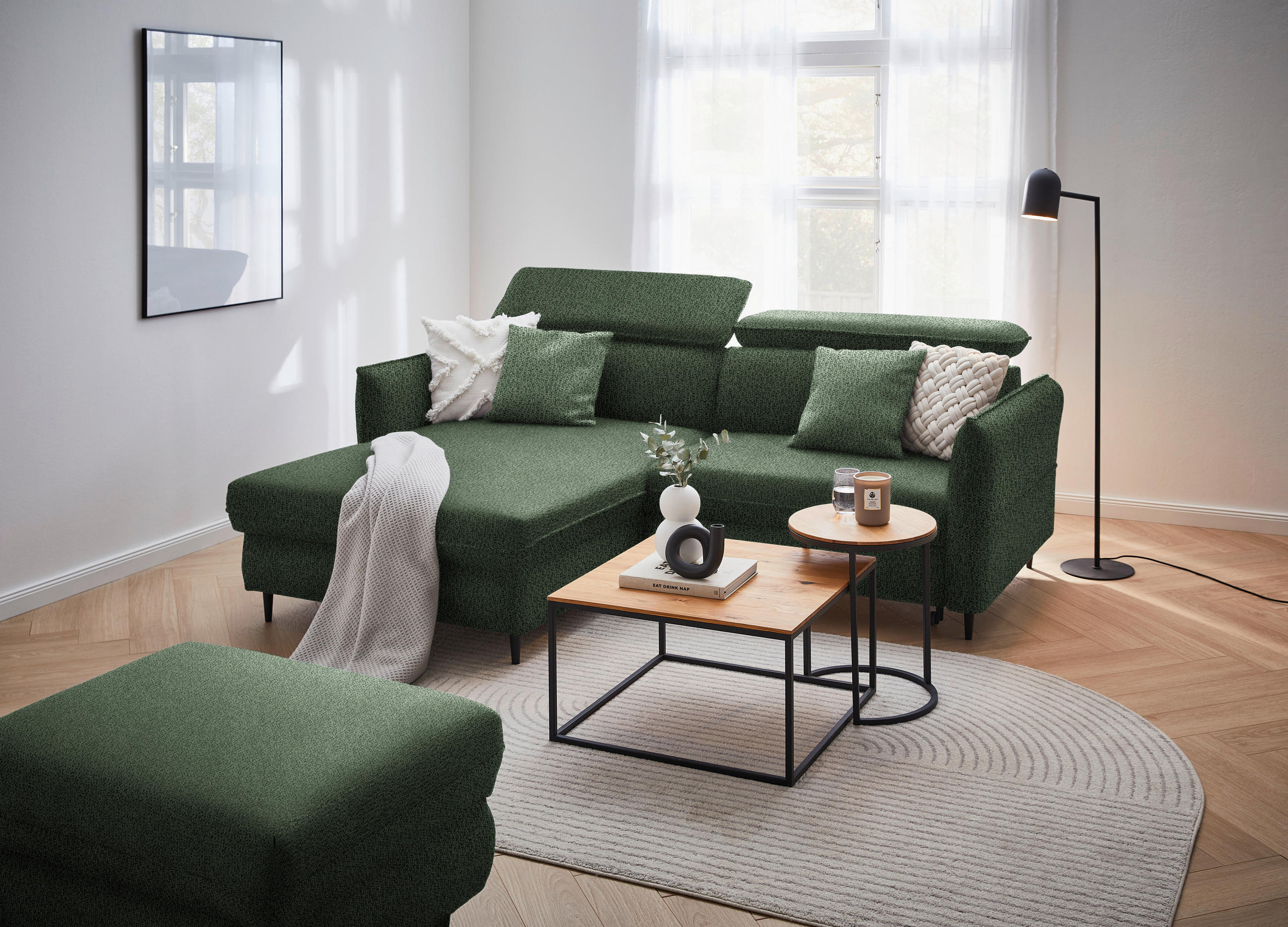ECKSOFA in Flachgewebe Grün  - Schwarz/Grün, Design, Holz/Textil (185/232cm) - Stylife