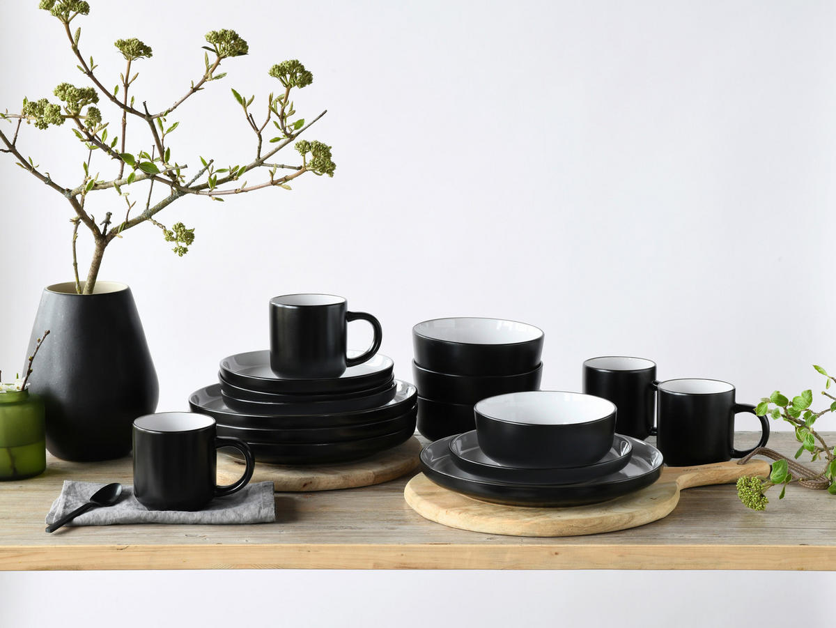KOMPLETT SERVIS Nordic Cool Black 16 delar  - gråvit/svart, Basics, keramik - Creatable