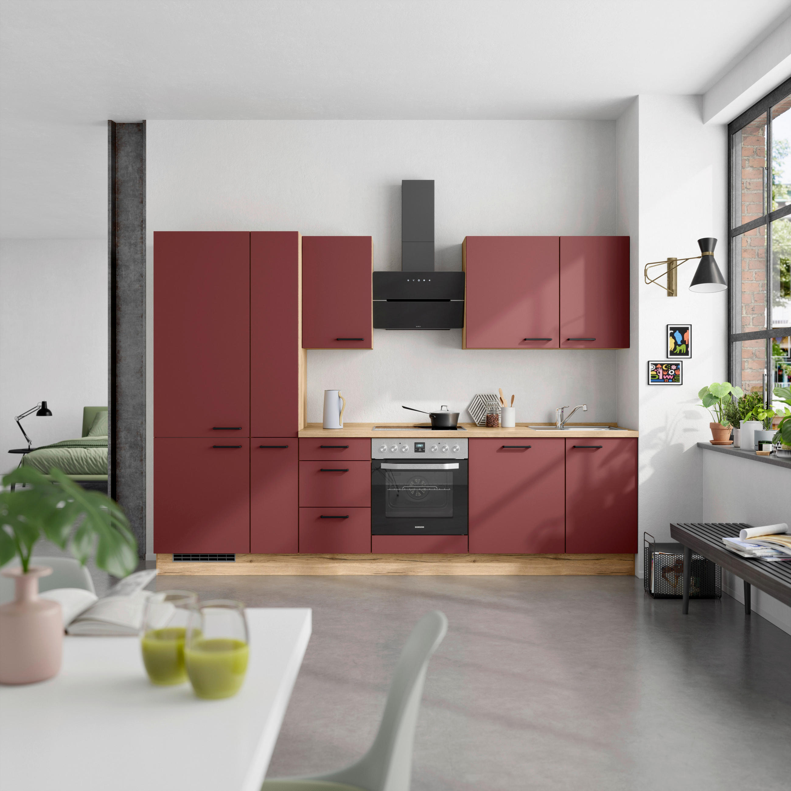 KÜCHENLEERBLOCK 300 cm   in Rot, Eichefarben  - Eichefarben/Rot, MODERN, Holzwerkstoff/Metall (300cm) - Nobilia