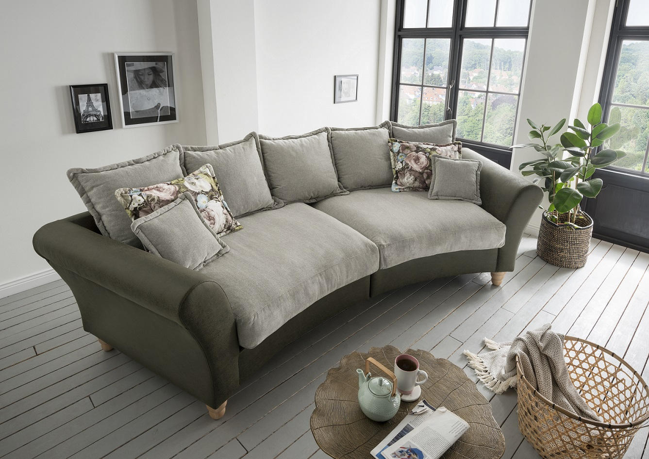 BIGSOFA Chenille, Mikrofaser Grün, Hellgrün - Wildeiche/Hellgrün, MODERN, Holz/Textil (328/98/134cm) - Livetastic