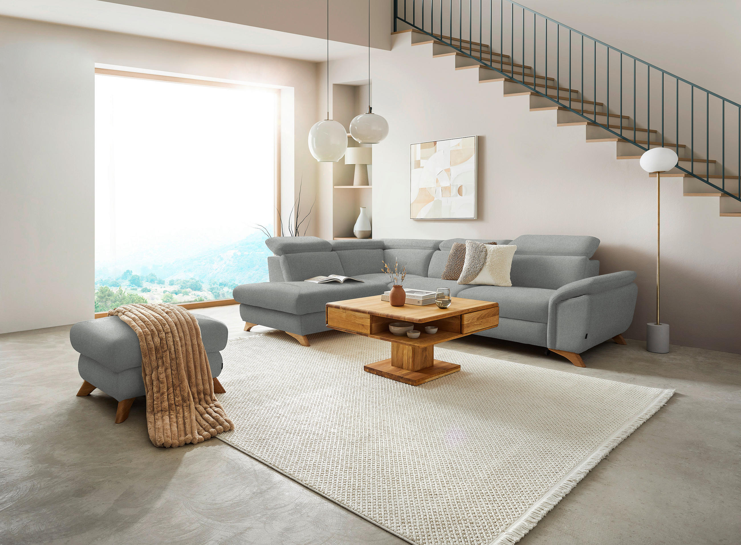 ECKSOFA in Flachgewebe Hellgrau  - Eichefarben/Hellgrau, Modern, Holz/Textil (212/287cm) - Valnatura