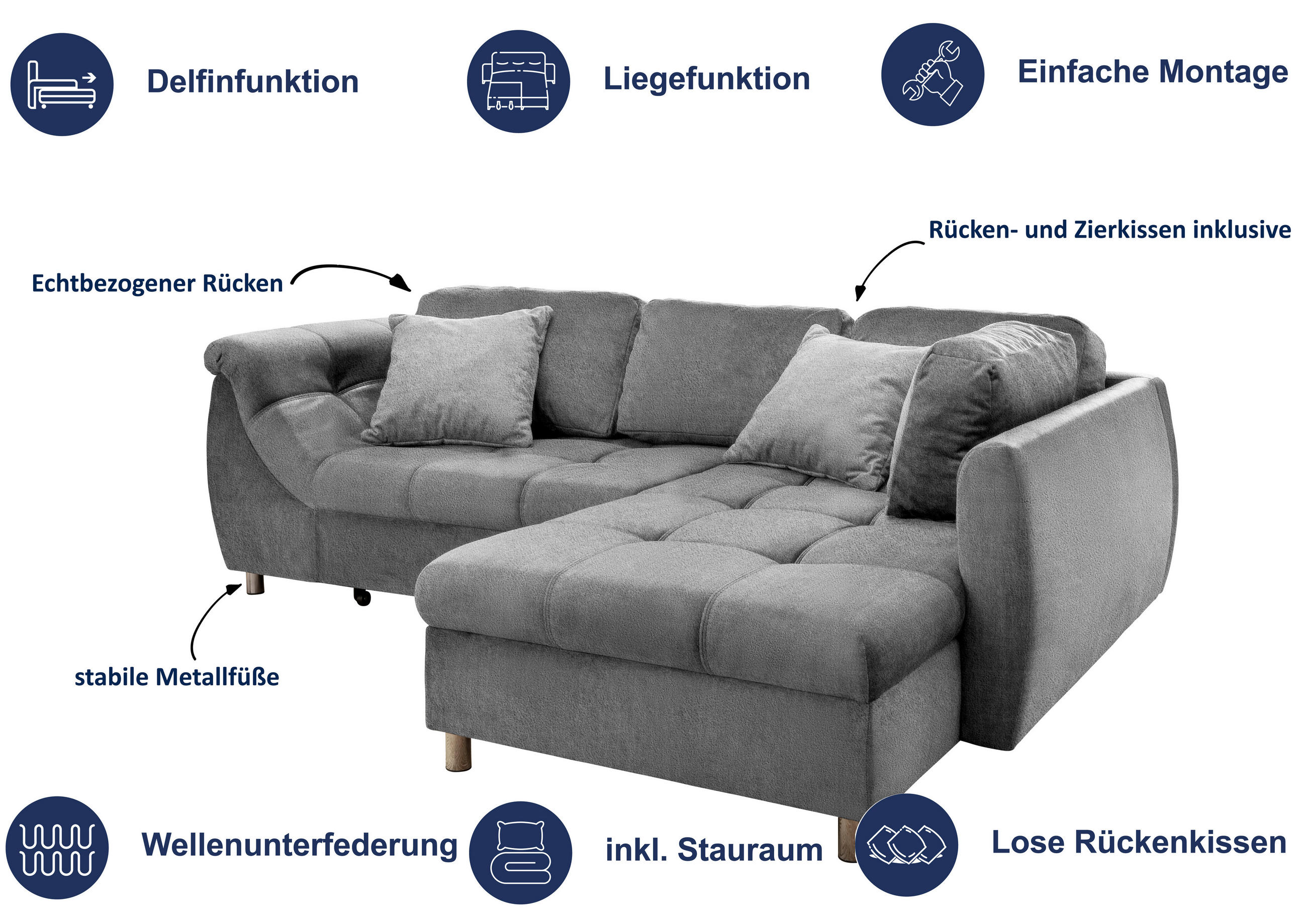 HÖRNBÄDDSOFFA i textil silver  - kromfärg/silver, Modern, metall/textil (190/250cm) - Livetastic