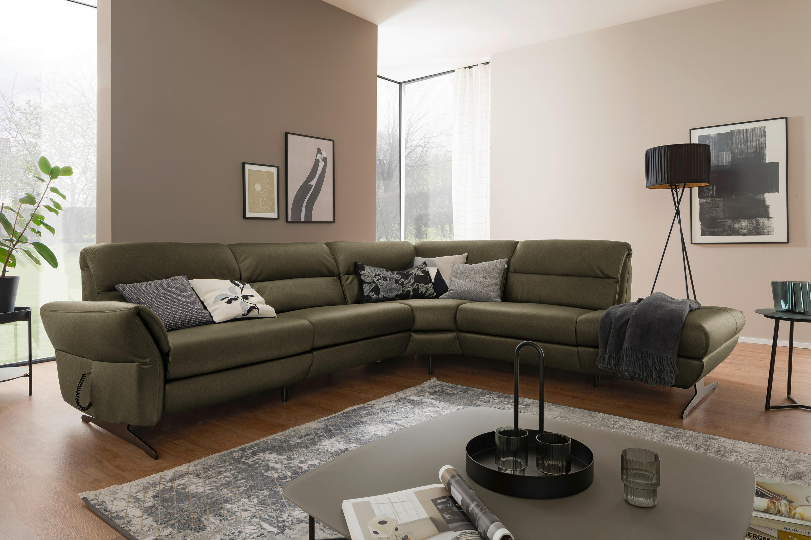 ECKSOFA Olivgrün Echtleder  - Schwarz/Olivgrün, Design, Leder/Metall (286/258cm) - Schöner Wohnen