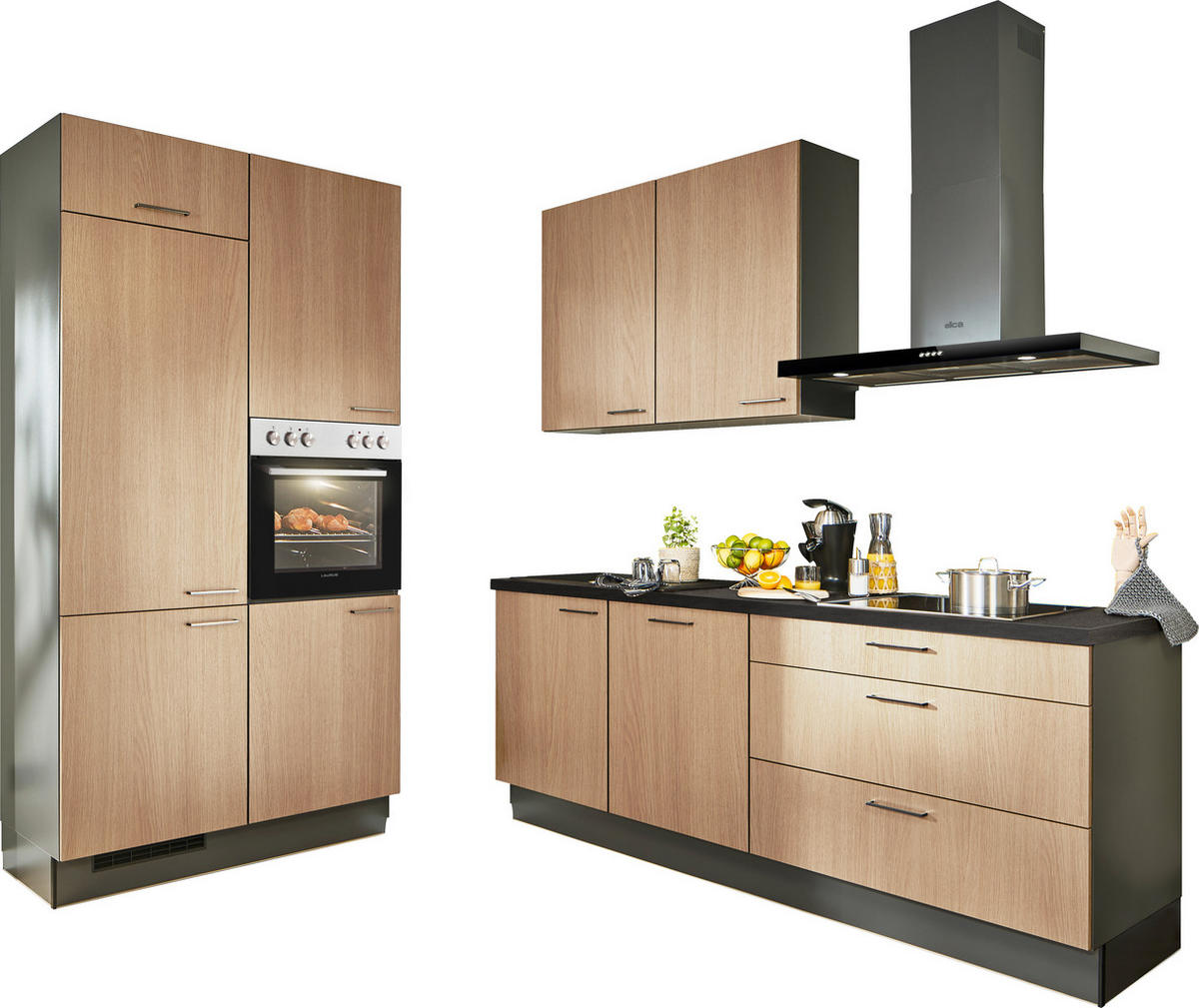 ECKKÜCHE 120/220 cm  in Graphitfarben, Schwarz, Eichefarben  - Eichefarben/Schwarz, Design, Holzwerkstoff/Metall (120/220cm) - Xora